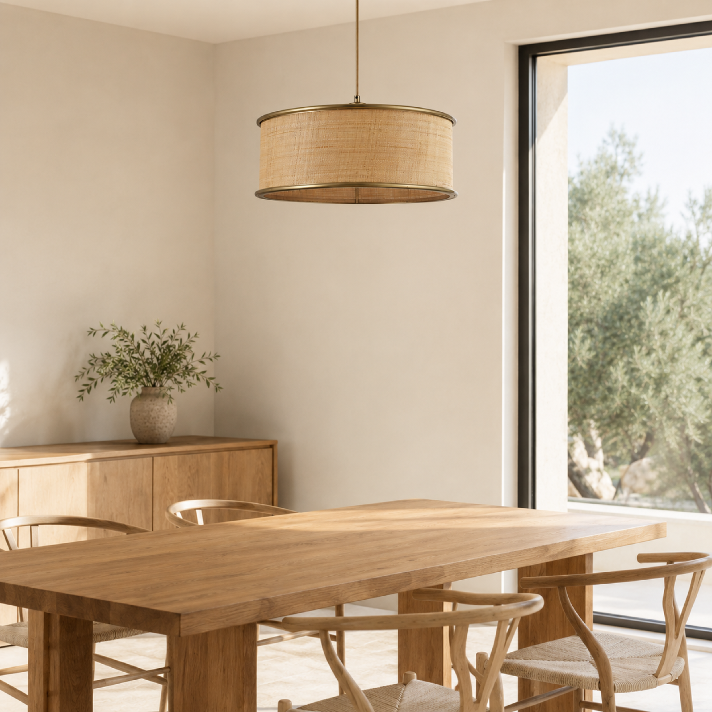 Suspension Bob en fibre naturelle au-dessus d'une table à manger - Maison Pavane