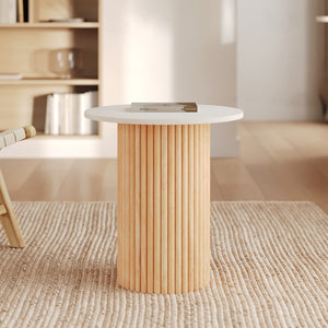 tavolino rotondo in marmo bianco e legno