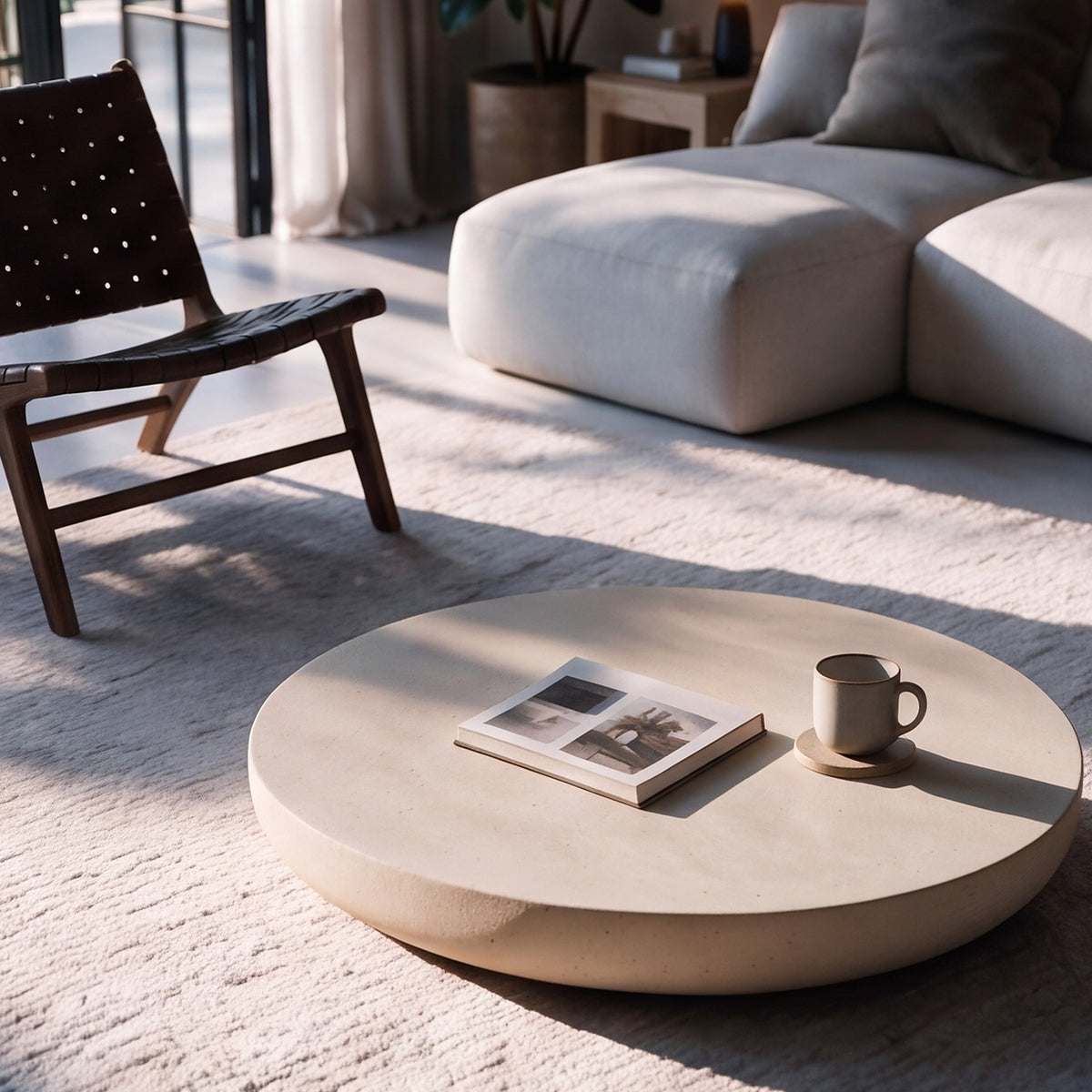 Table basse béton beige clair dans salon Milos – Maison Pavane