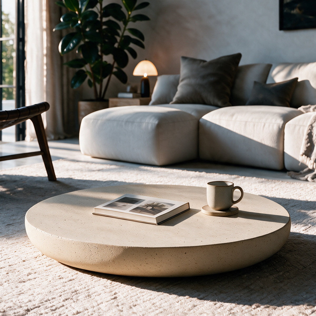 Table basse en argile effet béton Milos salon livre et tasse – Maison Pavane