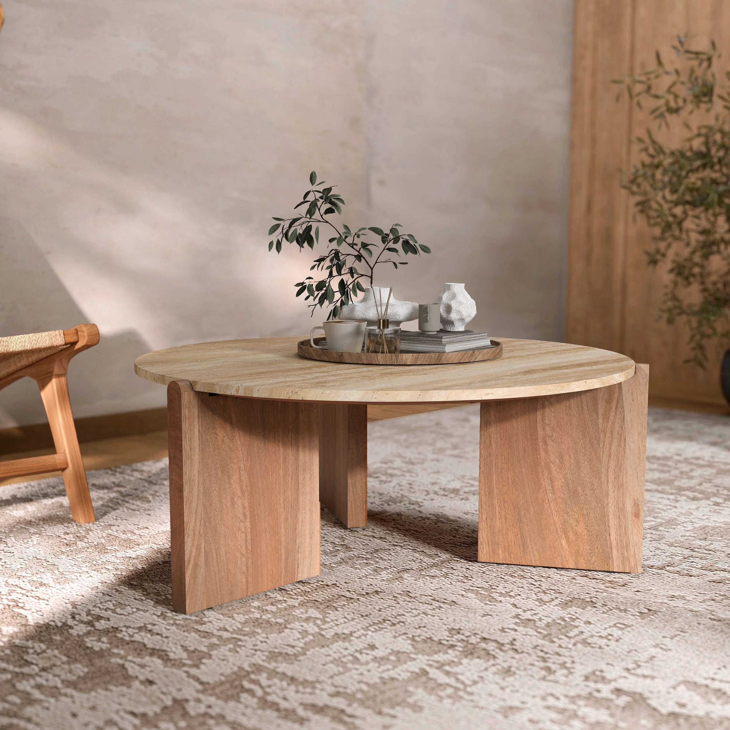 Table basse en bois et travertin tendance ronde