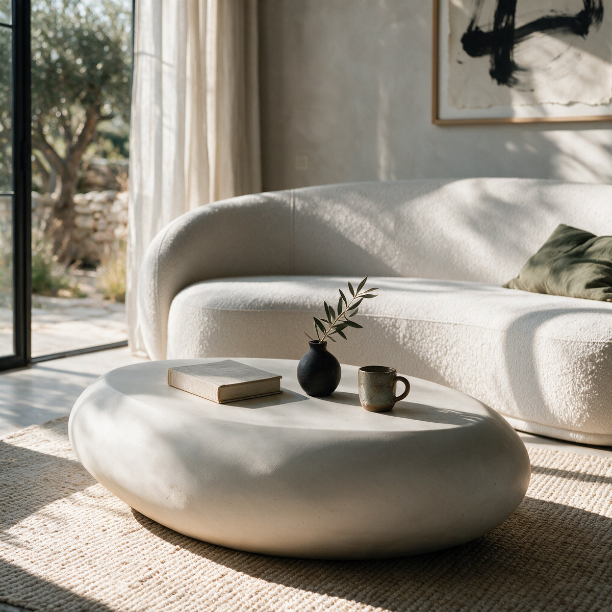 Table basse ronde effet béton beige devant un canapé bouclé écru – Maison Pavane