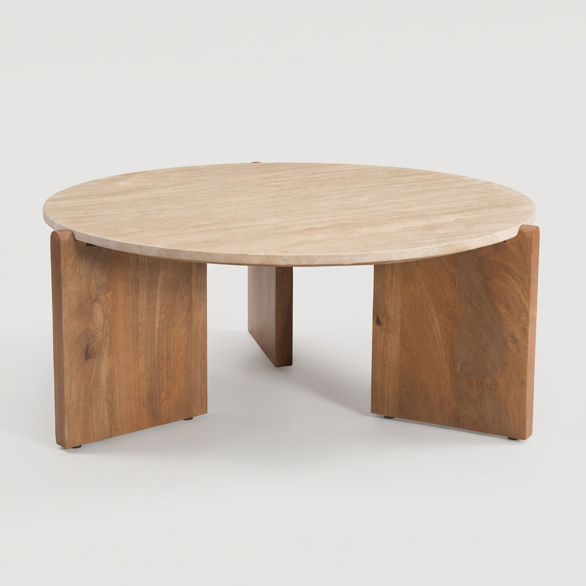 Table basse Sierra en travertin et bois D85 cm, vue de face - Maison Pavane