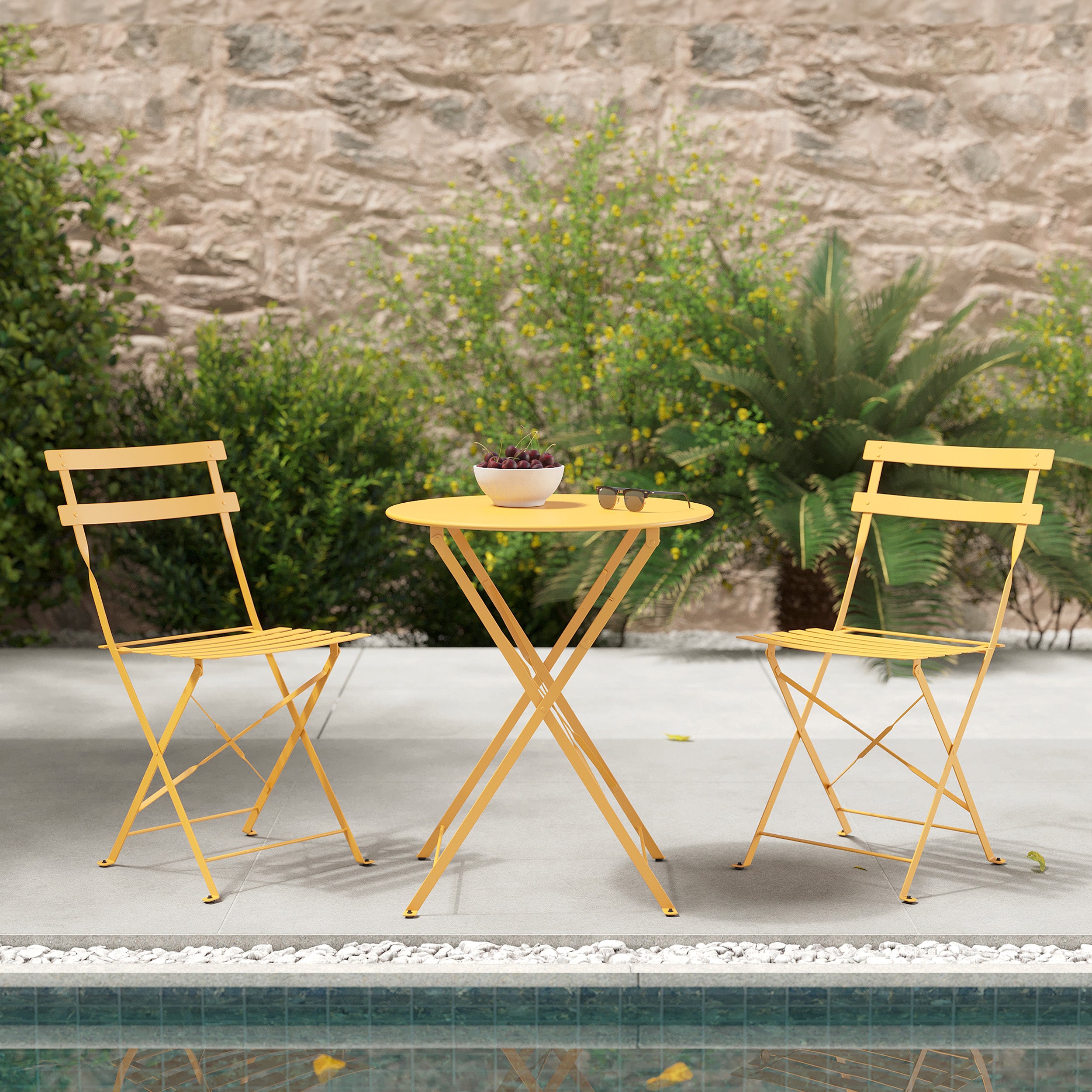 Table chaises pliantes jaunes ete ronde