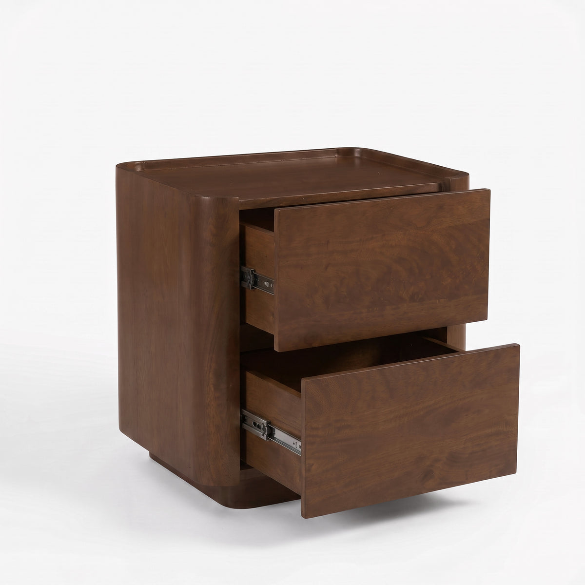 Table de chevet Aldo en bois de manguier noyer, tiroirs ouverts - Maison Pavane