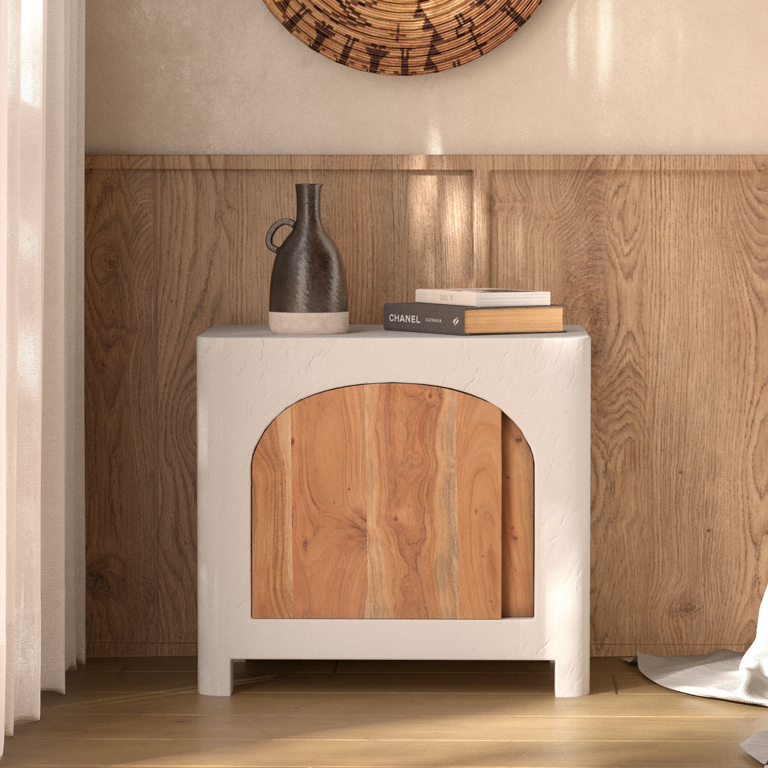 table de chevet beton blanc et bois fira grece
