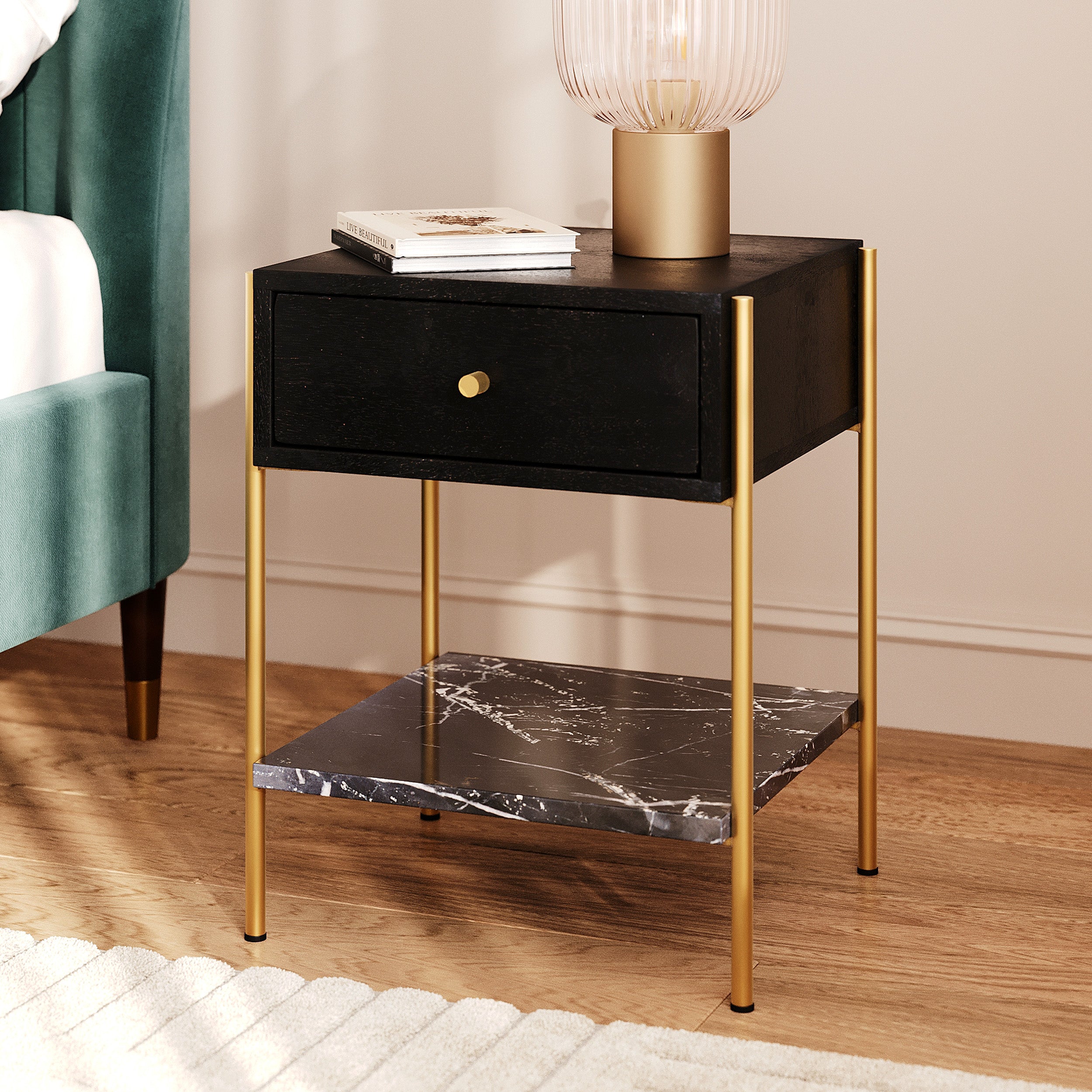 table de chevet marbre noir pieds dores doori