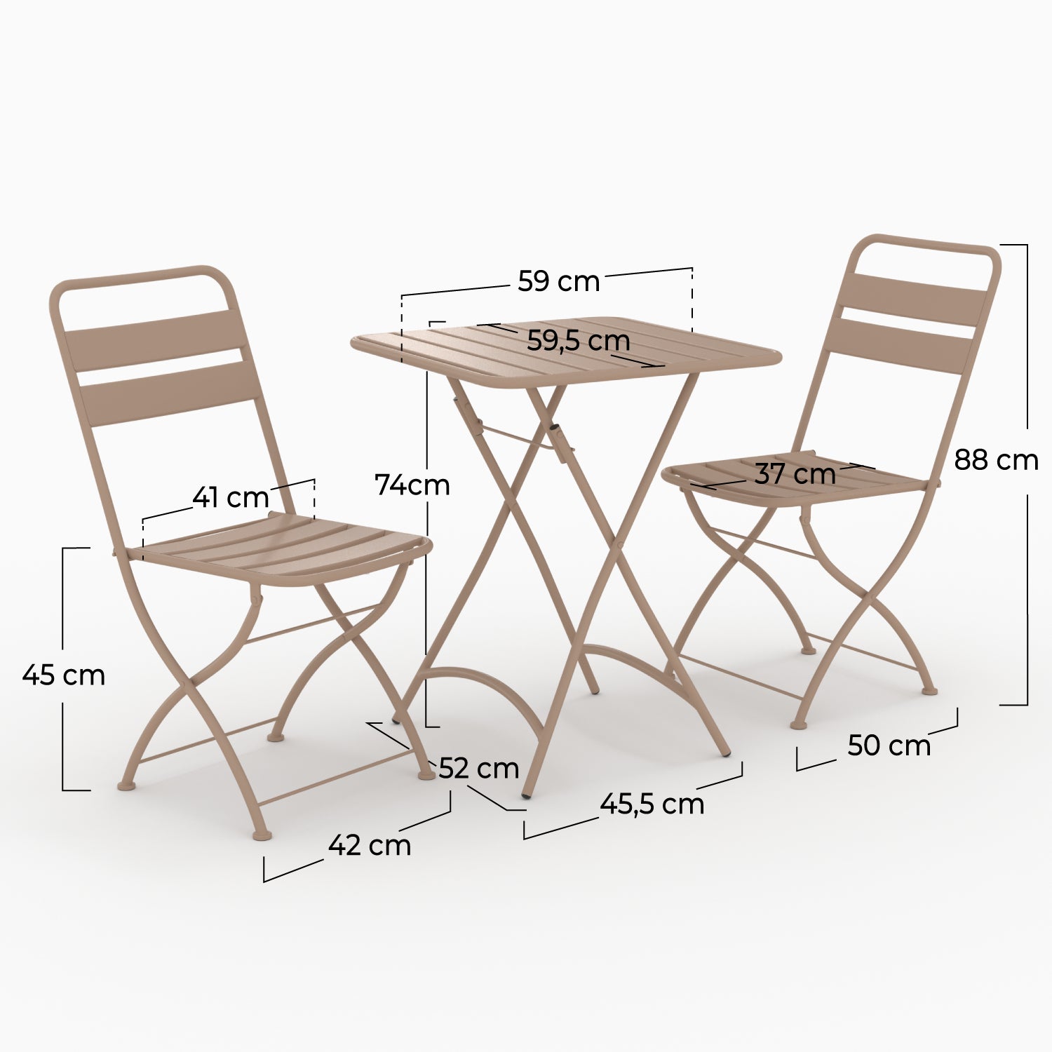 Table et 2 chaises pliantes Yumi jardin taupe en métal