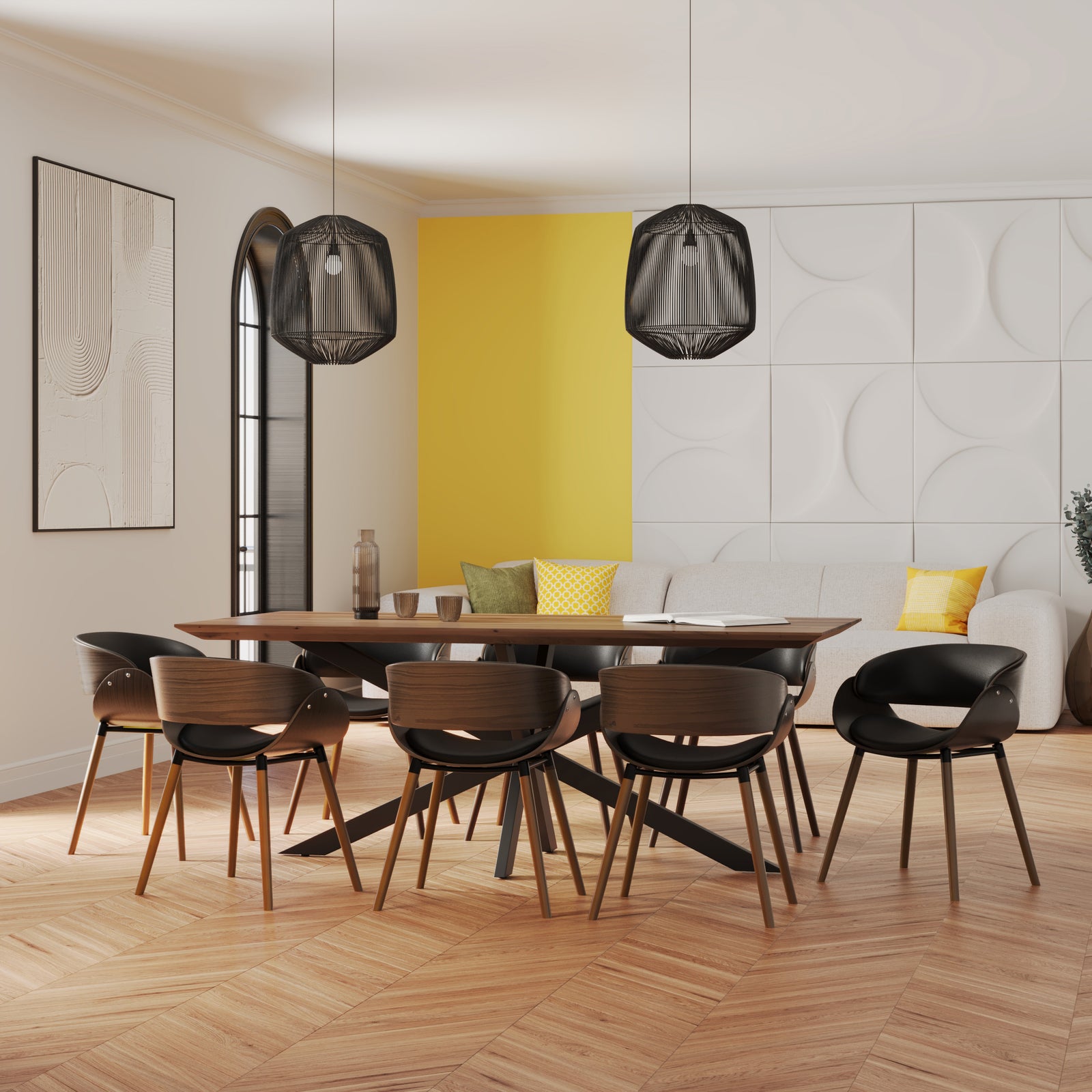 table et chaises pour 8 personnes en cuir noir et bois