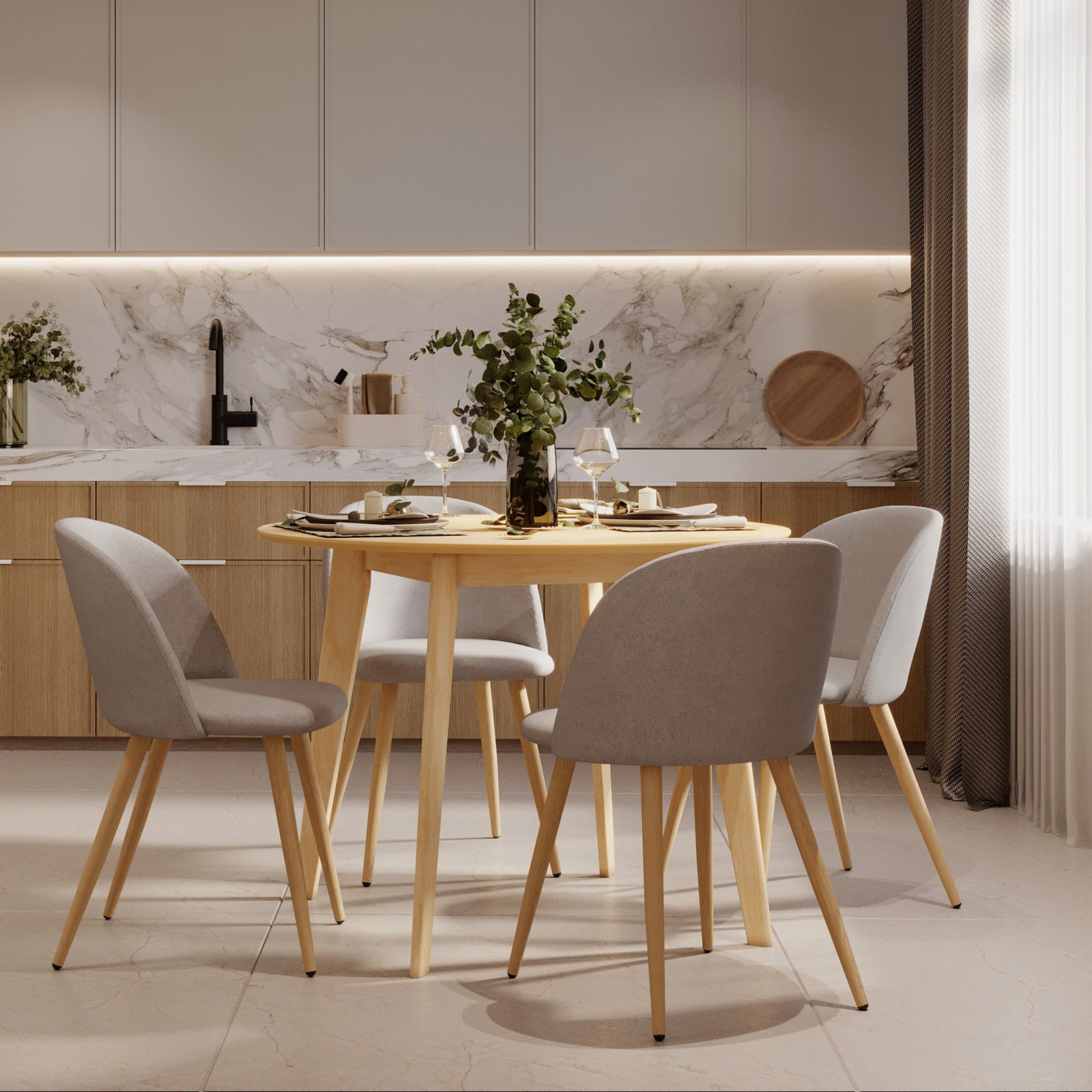 table et chaises reno 4 personnes en tissu taupe et bois