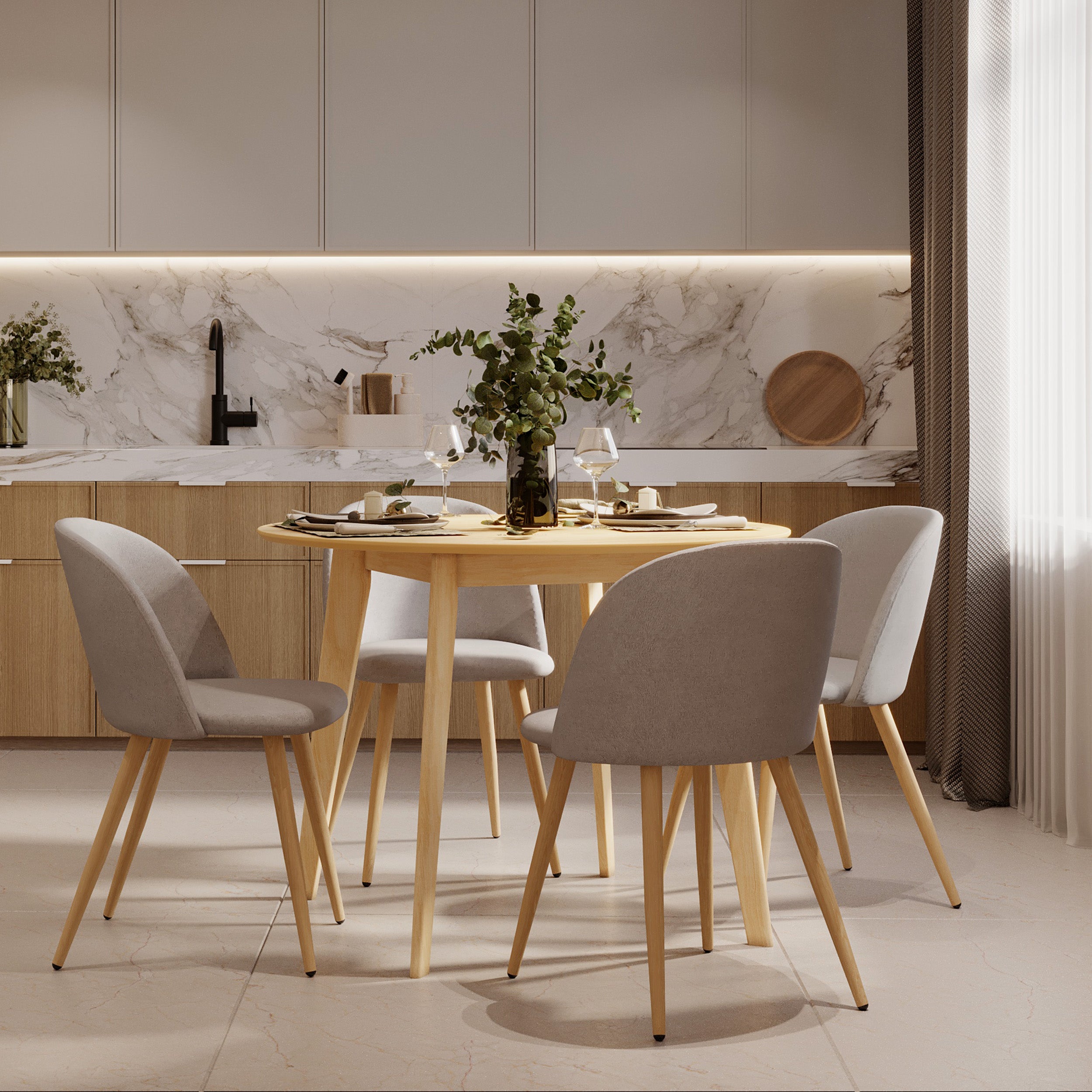 table et chaises reno 4 personnes en tissu taupe et bois