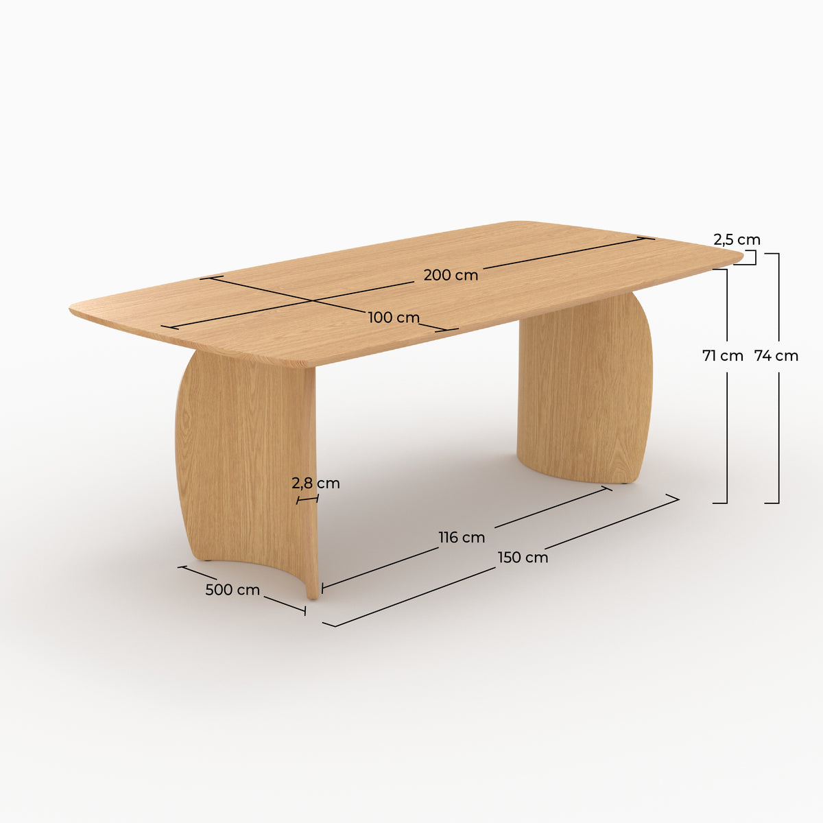 Dimensions de la table rectangulaire Asma 6 places en noyer clair 200 cm - Maison Pavane