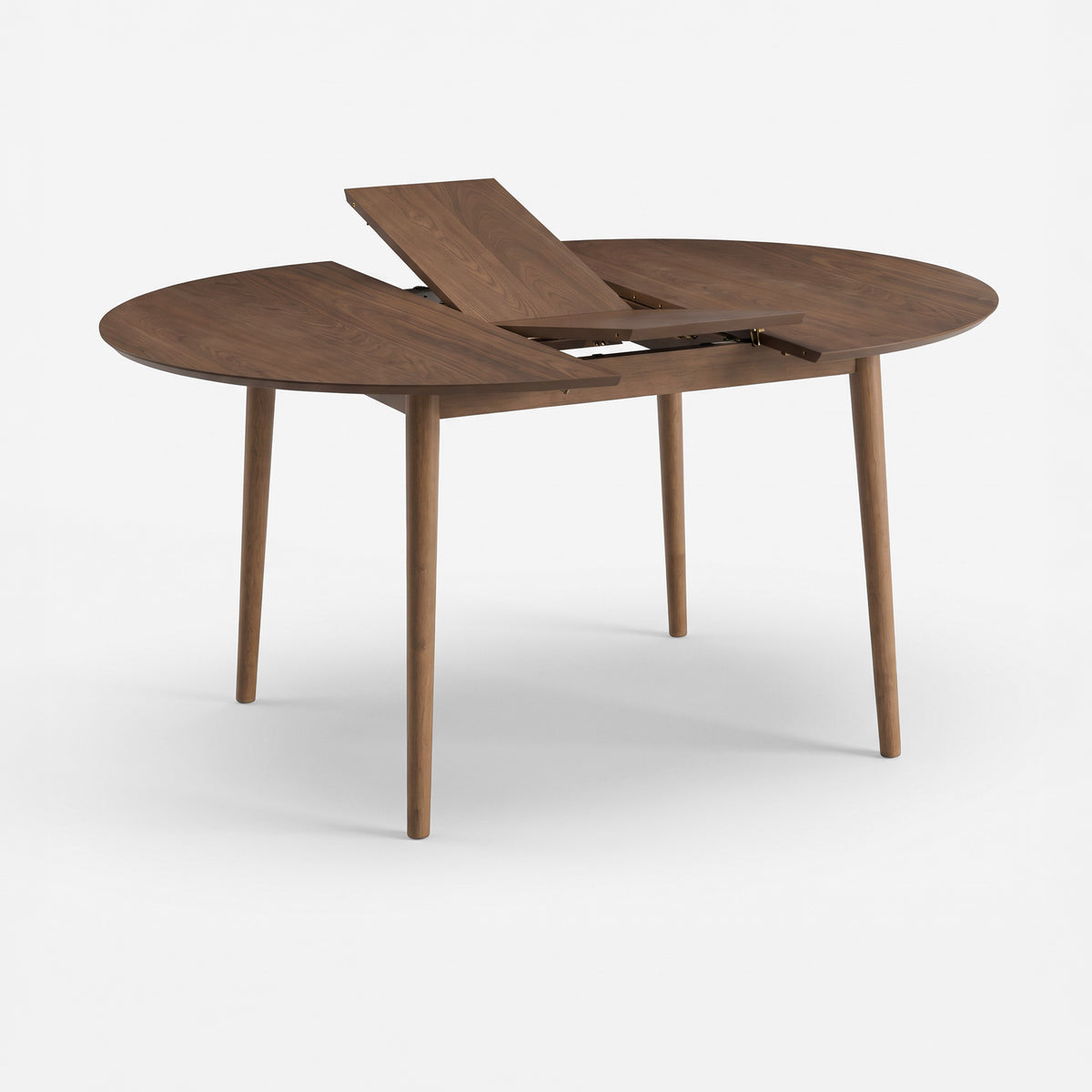 Table ronde Odette extensible en bois foncé, allonge en cours d'ouverture - Maison Pavane