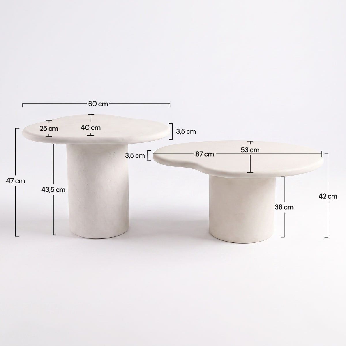 Dimensions du lot de 2 tables basses organiques Anafi écrues en fibre d'argile effet béton - Maison Pavane