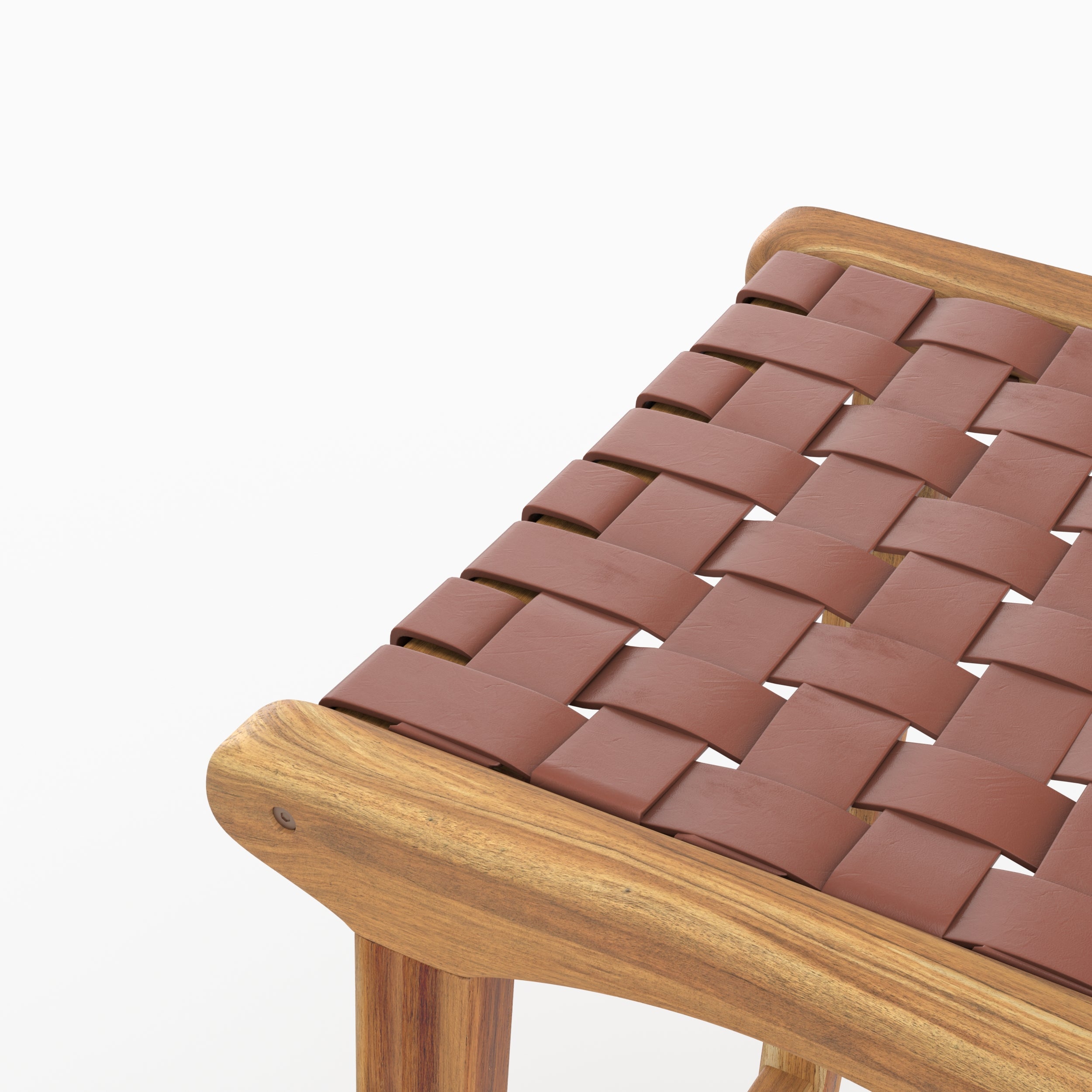 Détail du cuir tressé marron de l'assise du tabouret de bar Kuna en teck - Maison Pavane