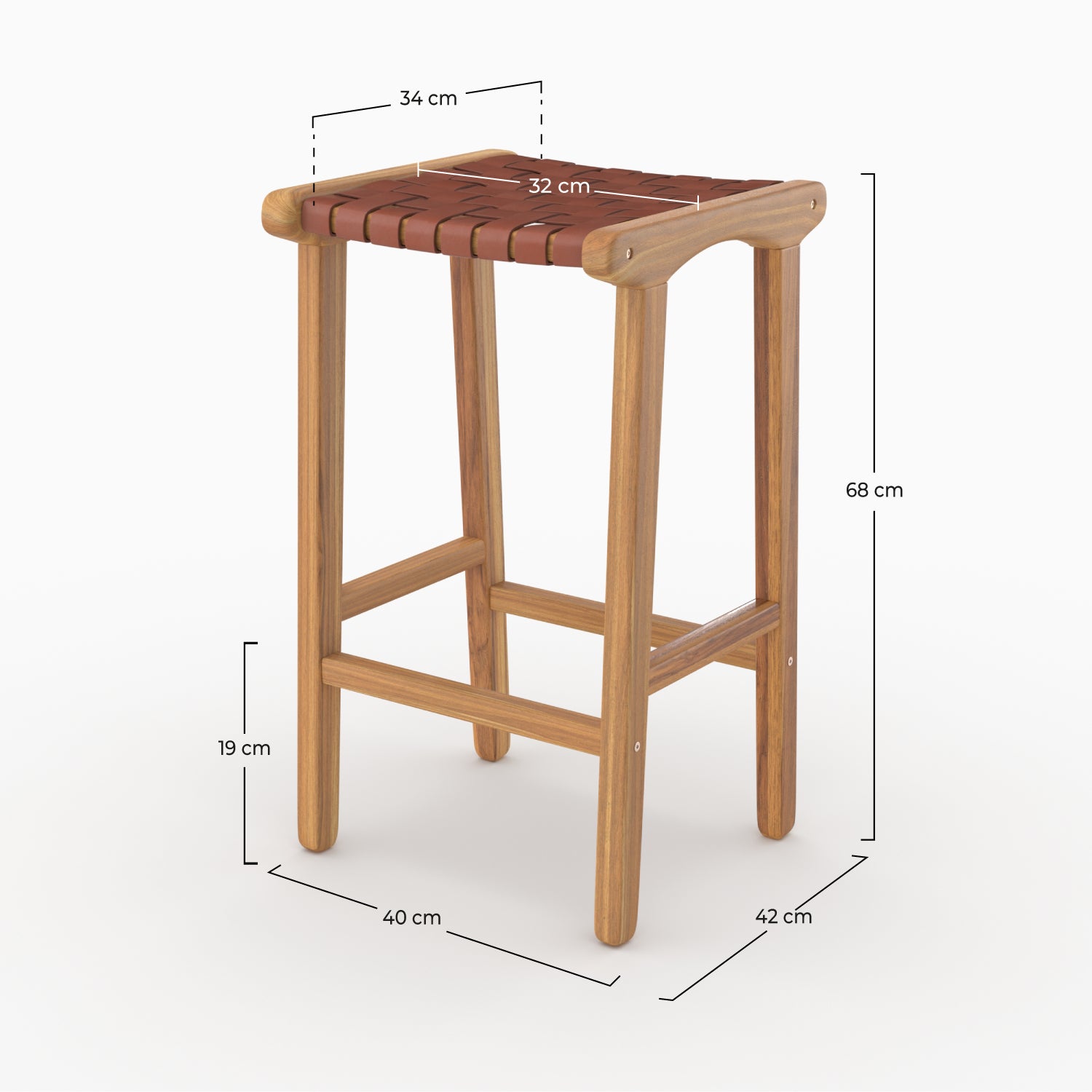 Dimensions du tabouret de bar mi-hauteur Kuna en teck et cuir tressé marron 68 cm - Maison Pavane