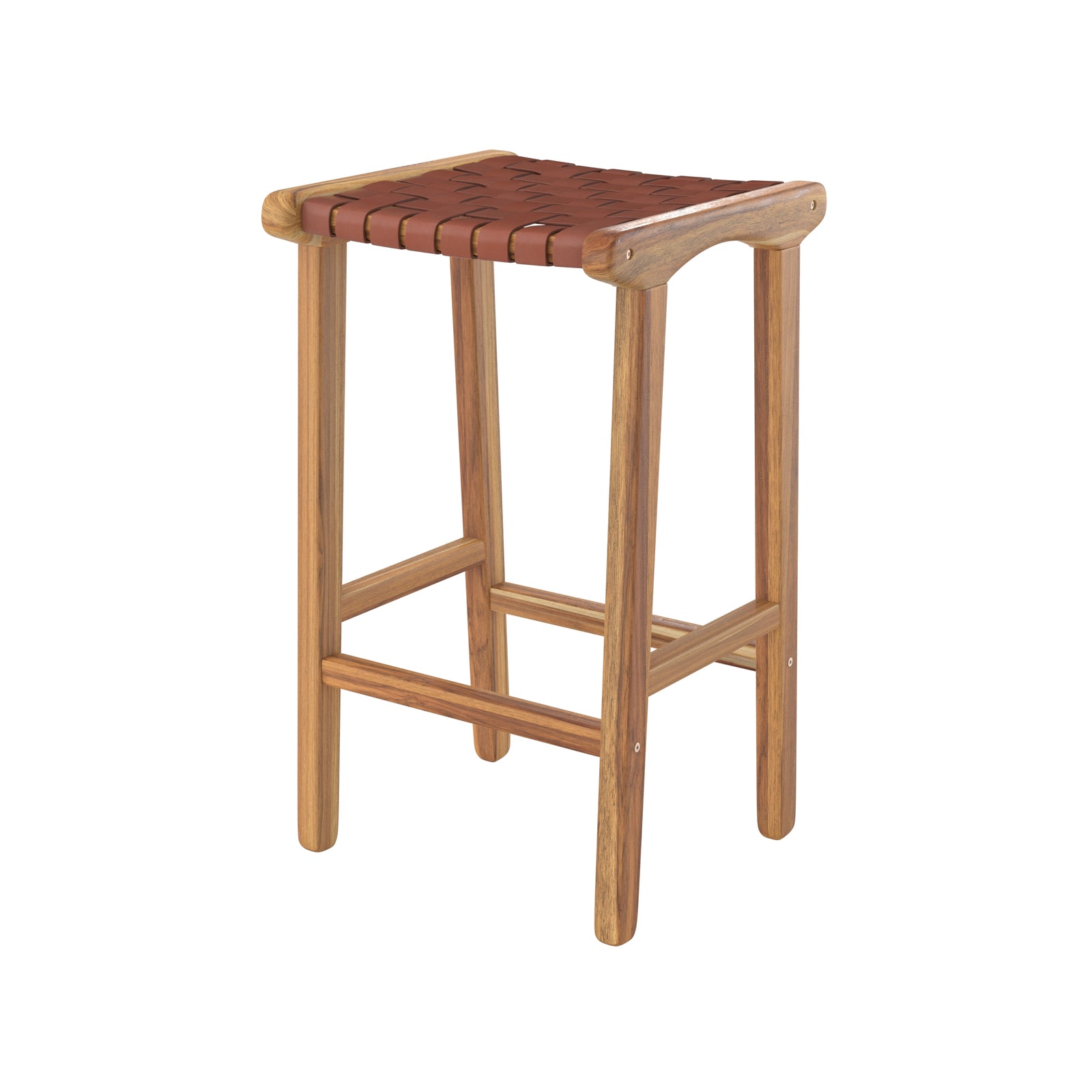 Tabouret de bar mi-hauteur Kuna en teck et cuir tressé marron 68 cm sur fond blanc - Maison Pavane