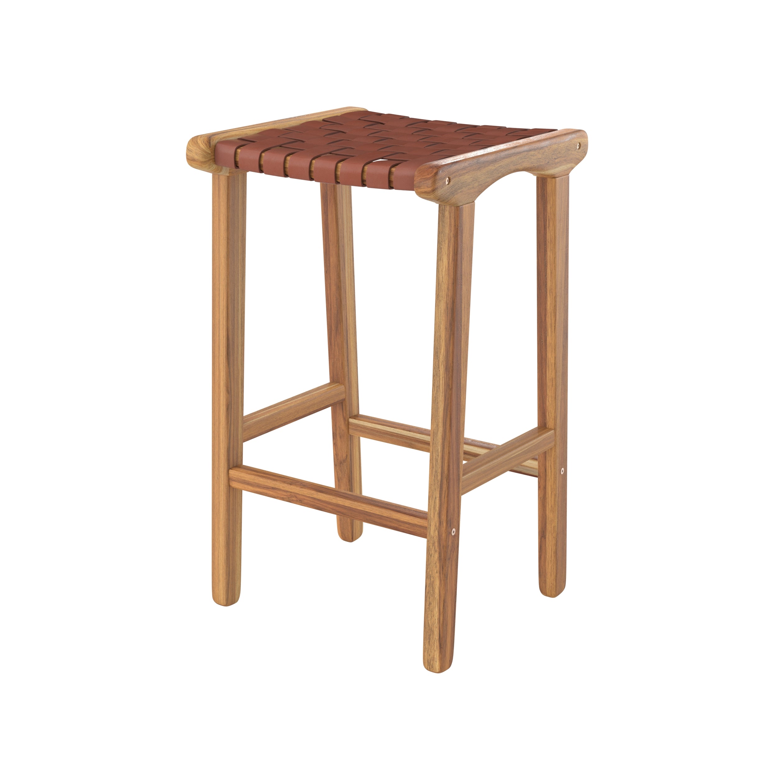 Tabouret de bar mi-hauteur Kuna en teck et cuir tressé marron 68 cm sur fond blanc - Maison Pavane
