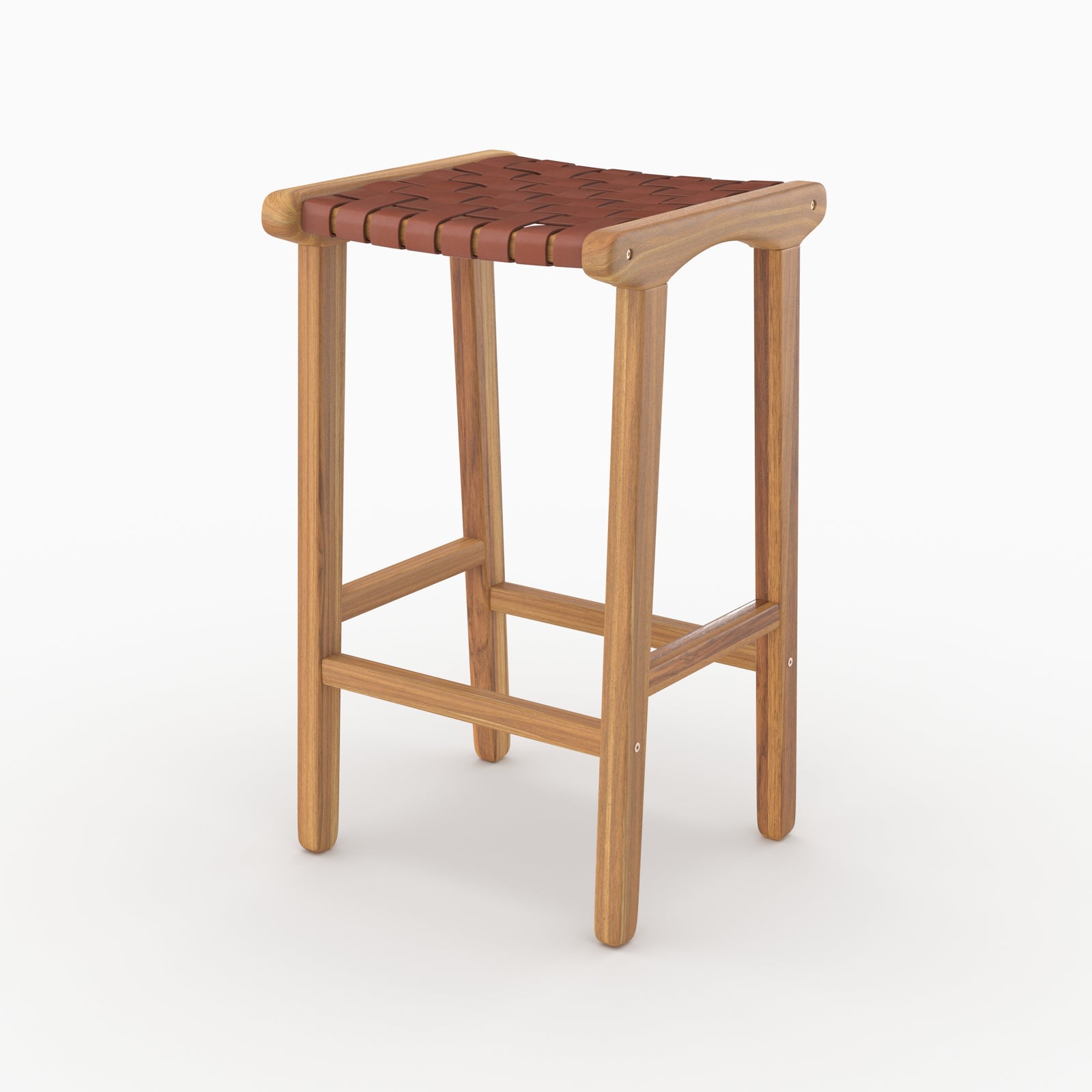 Tabouret de bar mi-hauteur Kuna en teck et cuir tressé marron 68 cm vu de trois quarts - Maison Pavane