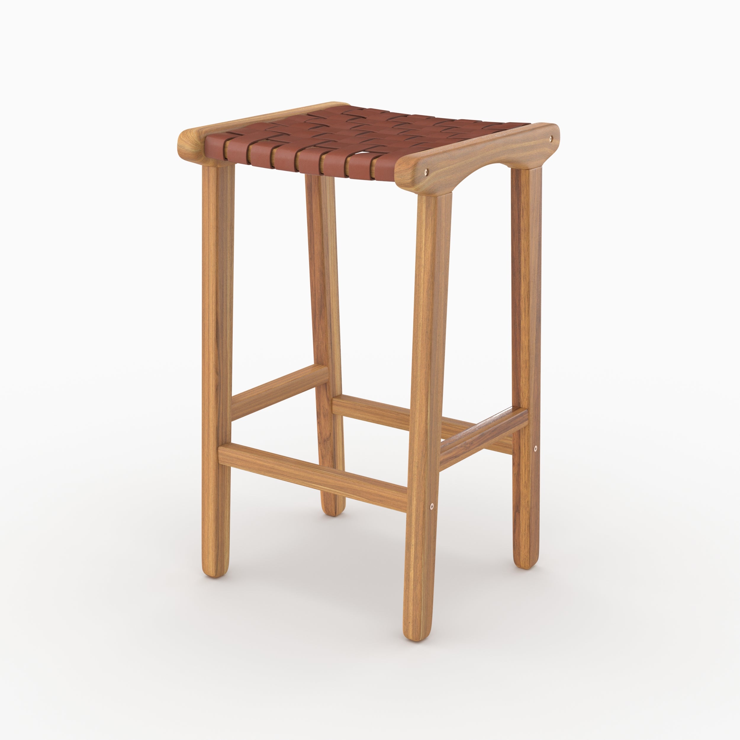 Tabouret de bar mi-hauteur Kuna en teck et cuir tressé marron 68 cm vu de trois quarts - Maison Pavane