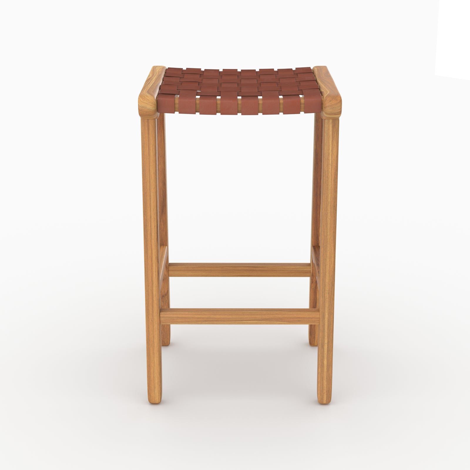 Tabouret de bar mi-hauteur Kuna en teck et cuir tressé marron 68 cm vu de face - Maison Pavane