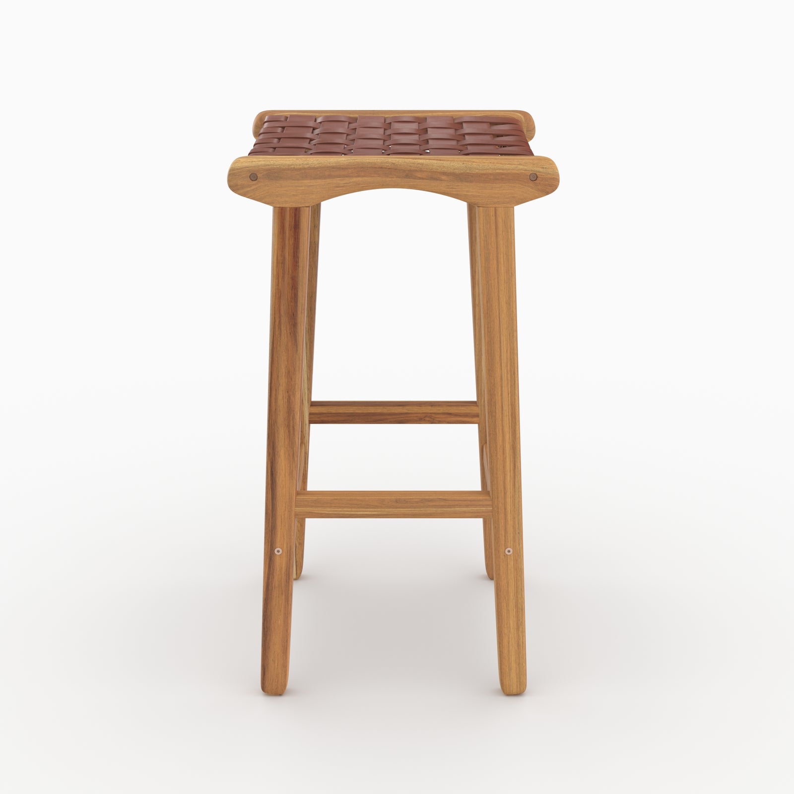 Tabouret de bar mi-hauteur Kuna en teck et cuir tressé marron 68 cm vu de profil - Maison Pavane