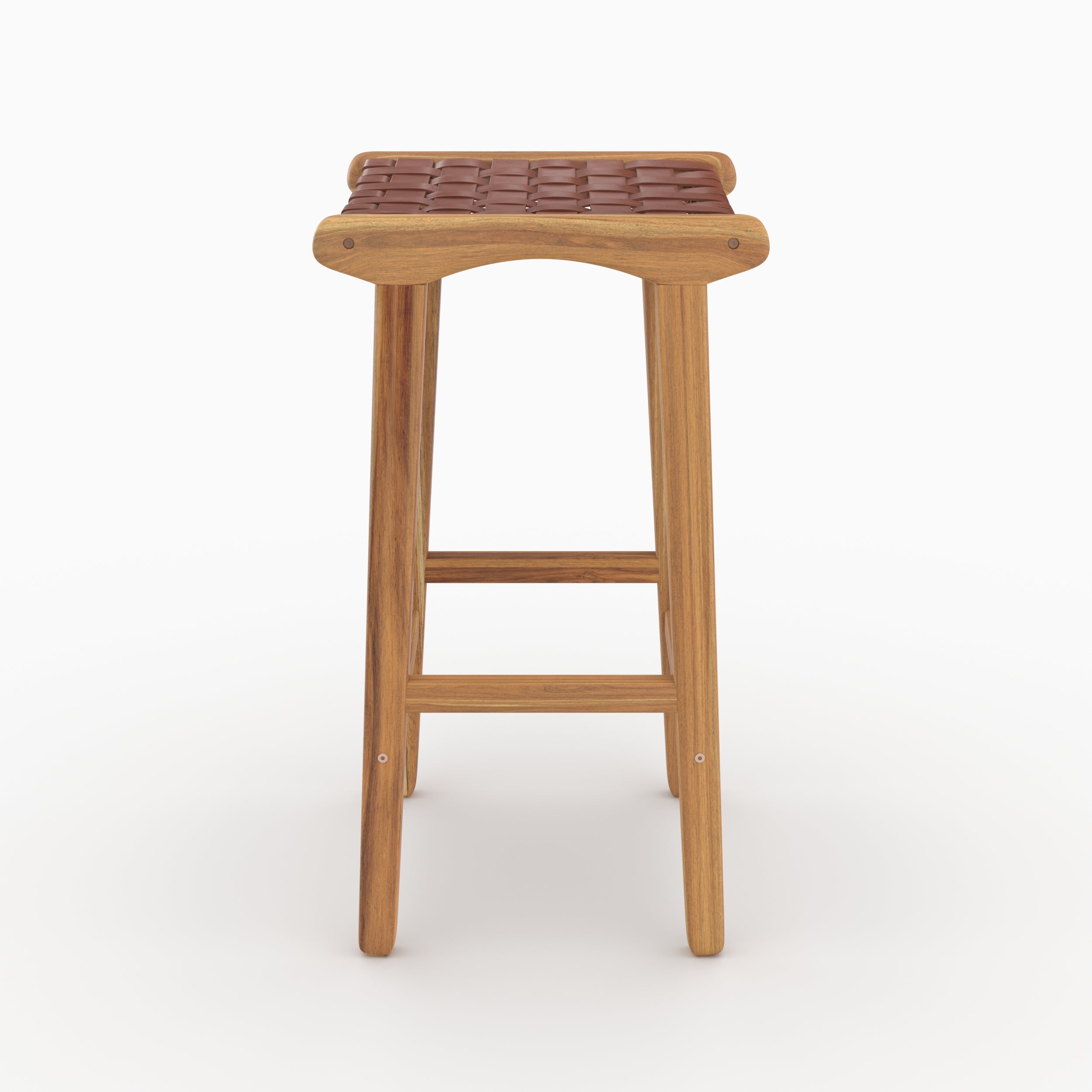 Tabouret de bar mi-hauteur Kuna en teck et cuir tressé marron 68 cm vu de profil - Maison Pavane
