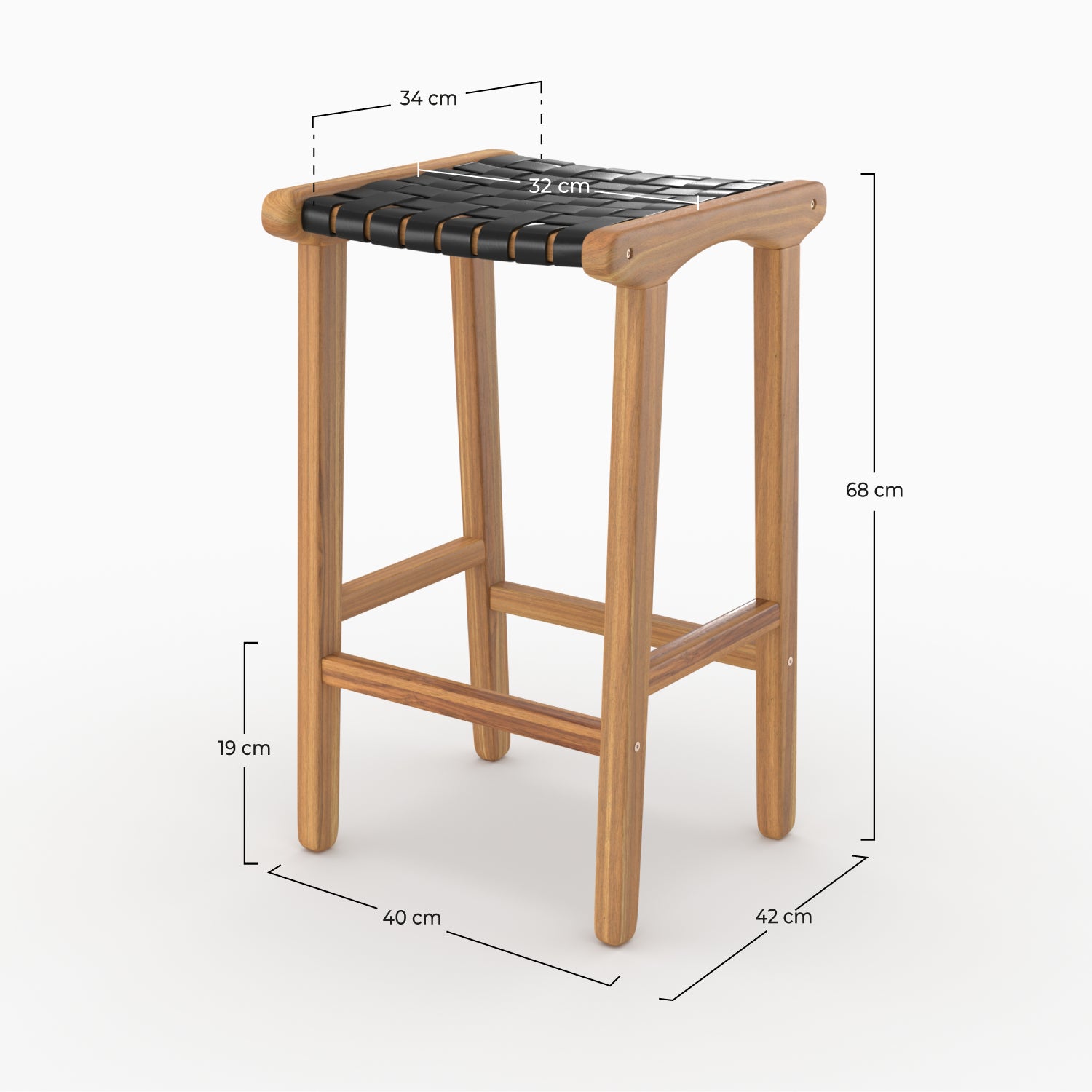 Dimensions du tabouret de bar mi-hauteur Kuna en teck et cuir tressé noir 68 cm - Maison Pavane