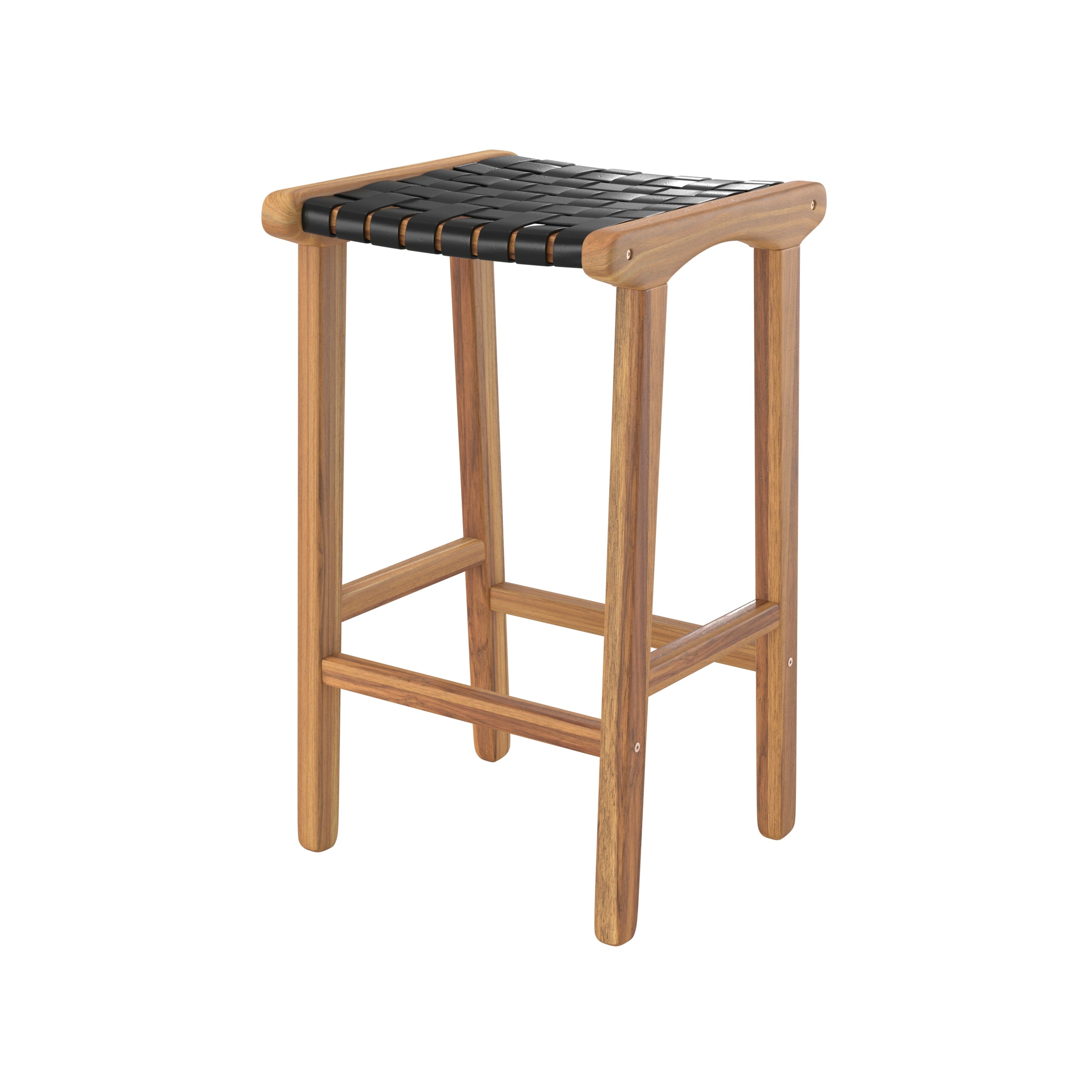 Tabouret de bar mi-hauteur Kuna en teck et cuir tressé noir 68 cm sur fond blanc - Maison Pavane
