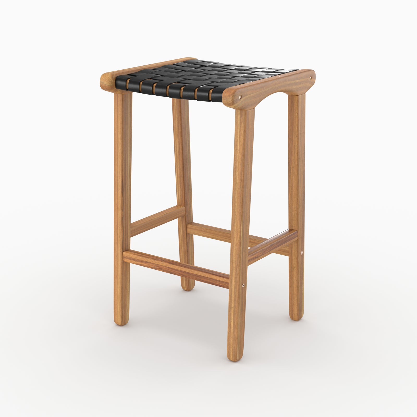 Tabouret de bar mi-hauteur Kuna en teck et cuir tressé noir 68 cm vu de trois quarts - Maison Pavane