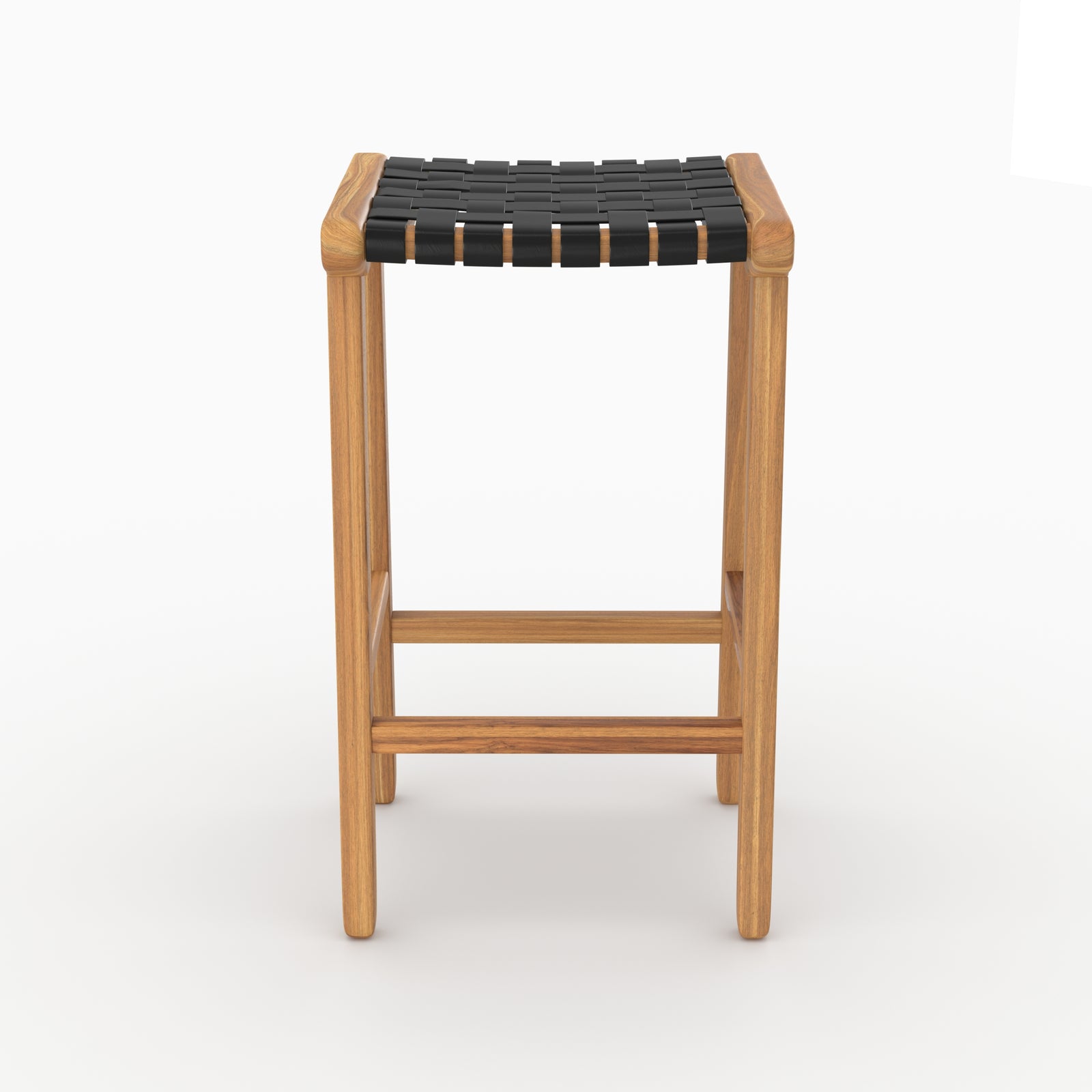 Tabouret de bar mi-hauteur Kuna en teck et cuir tressé noir 68 cm vu de face - Maison Pavane