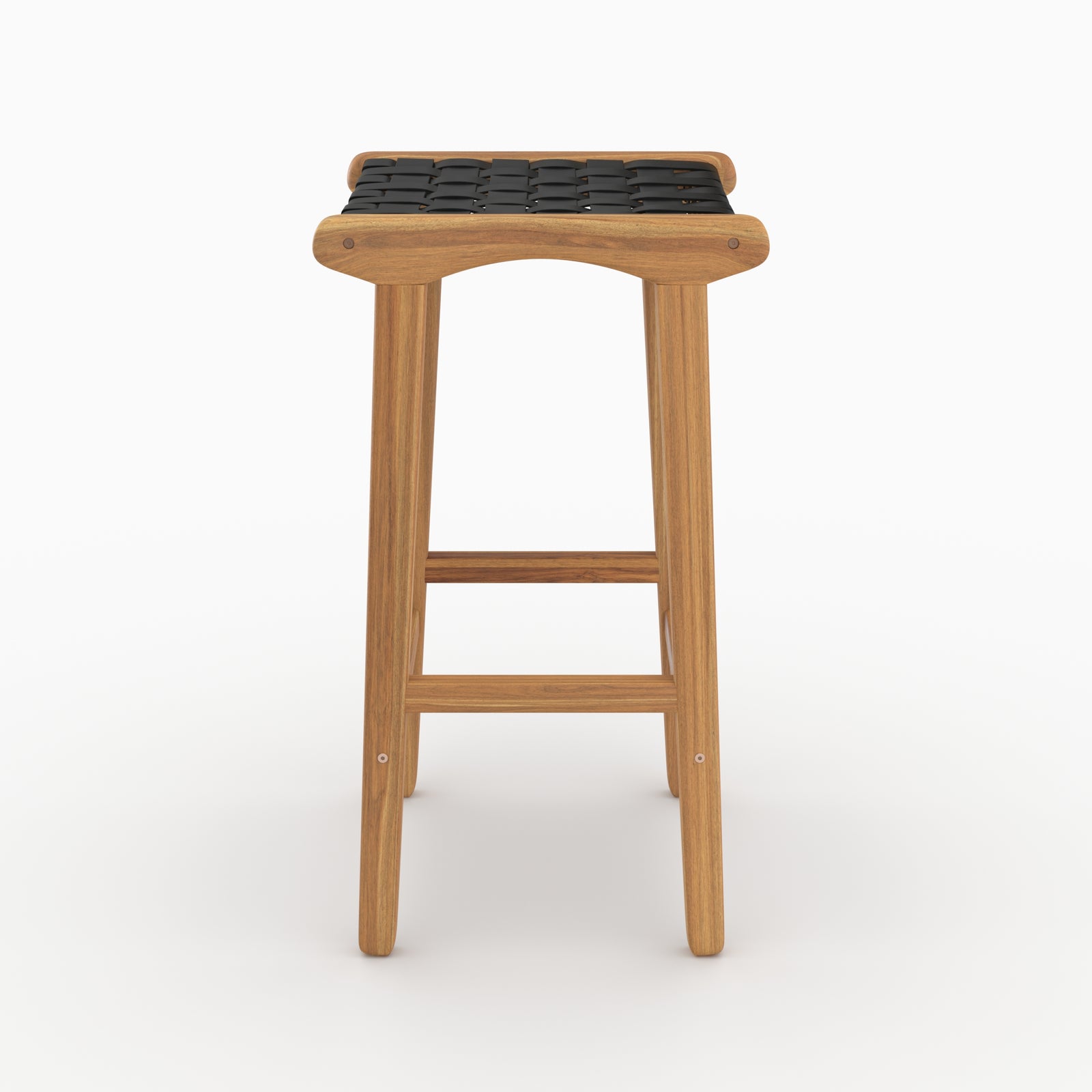 Tabouret de bar mi-hauteur Kuna en teck et cuir tressé noir 68 cm vu de profil - Maison Pavane
