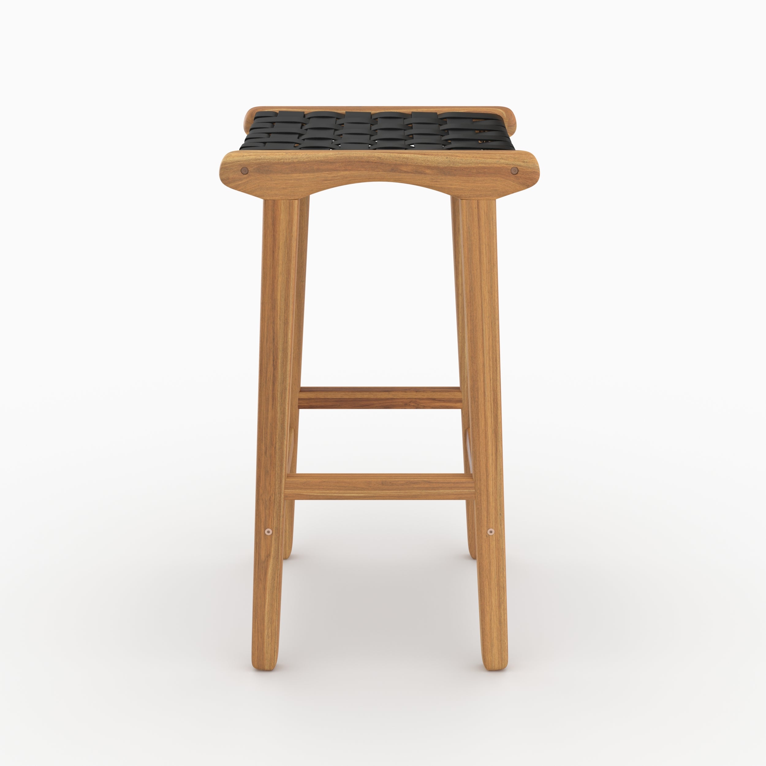 Tabouret de bar mi-hauteur Kuna en teck et cuir tressé noir 68 cm vu de profil - Maison Pavane