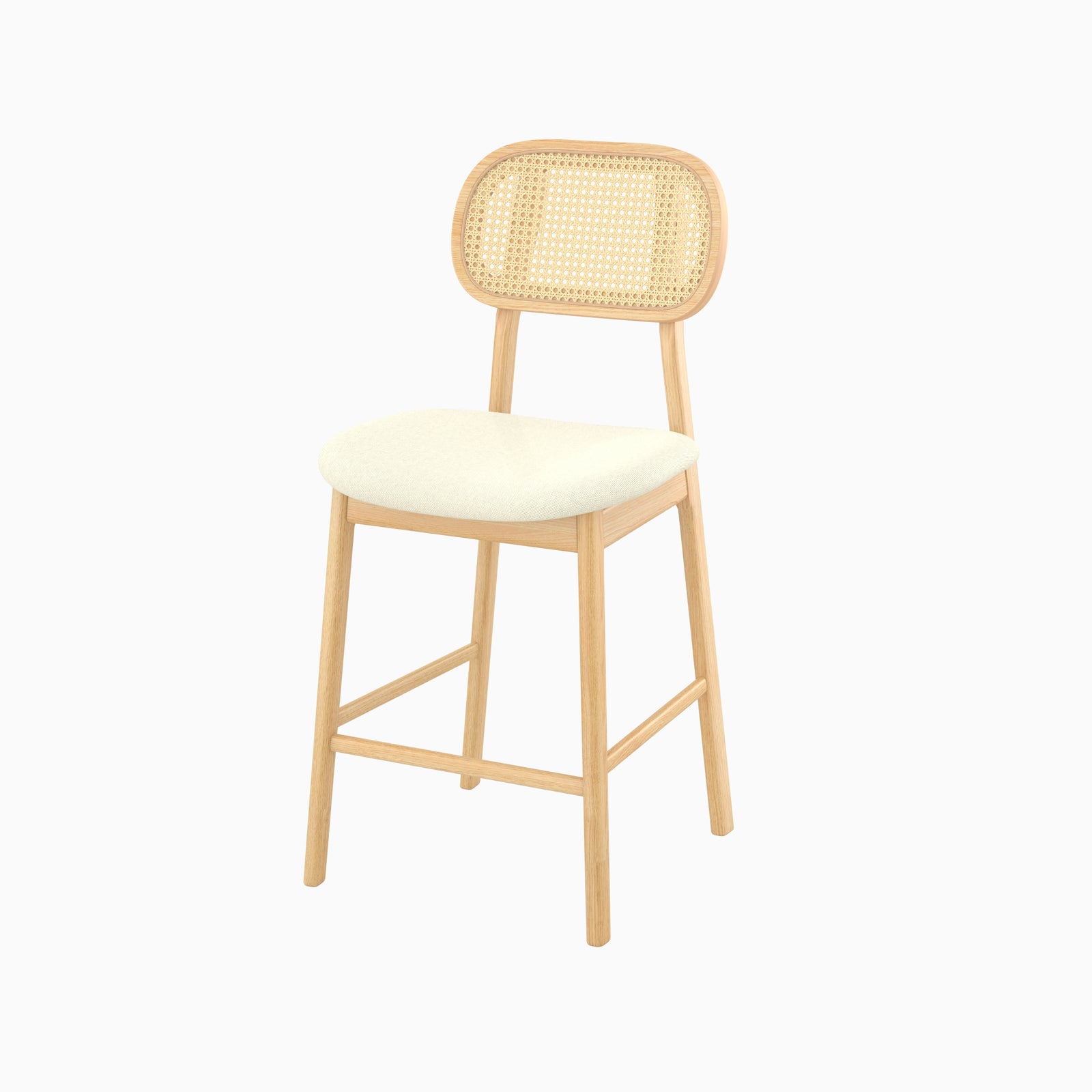 Tabouret bar Maria mi-hauteur scandinave bois naturel cannage assise crème trois quarts – Maison Pavane