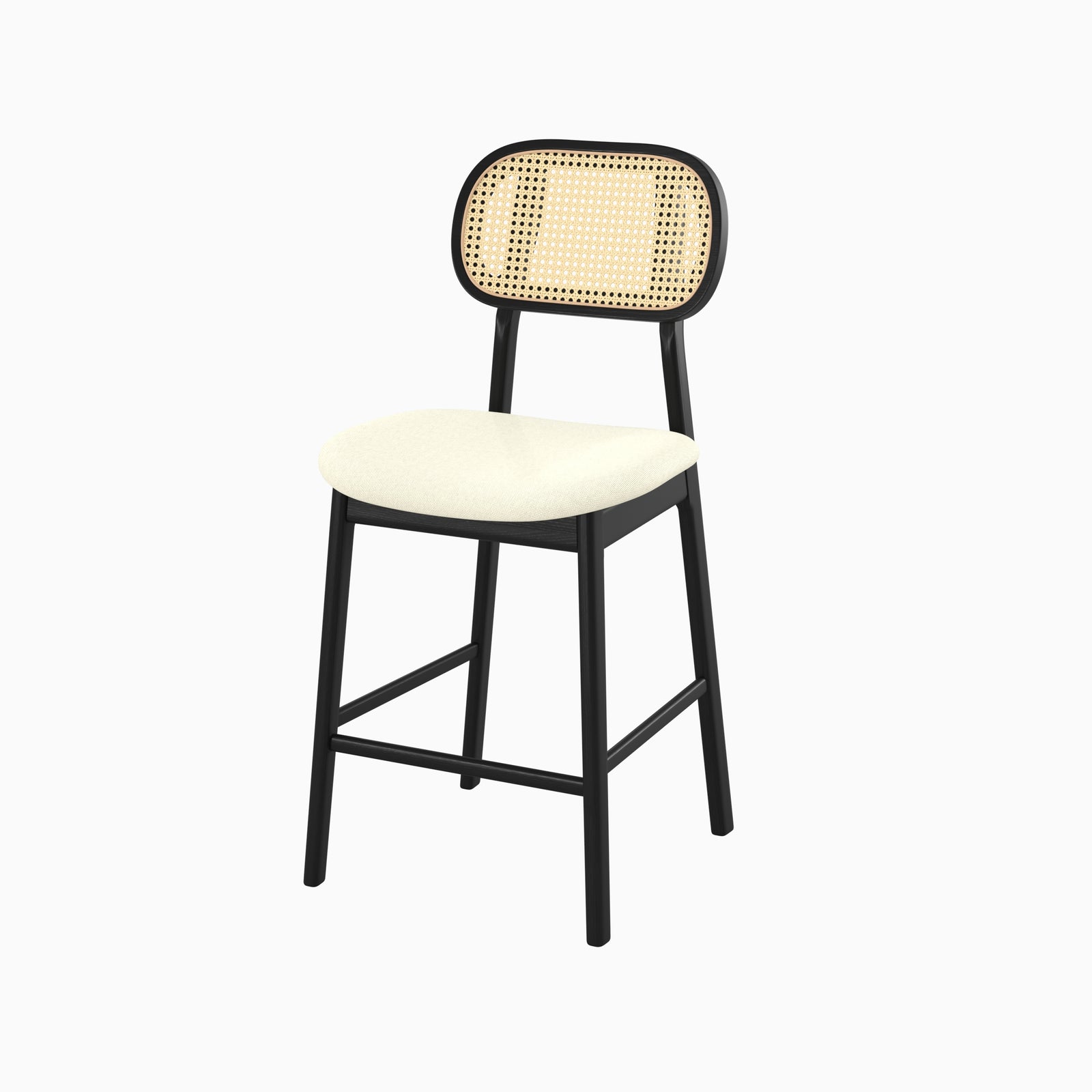 Tabouret bar Maria mi-hauteur scandinave bois noir cannage assise crème trois quarts – Maison Pavane