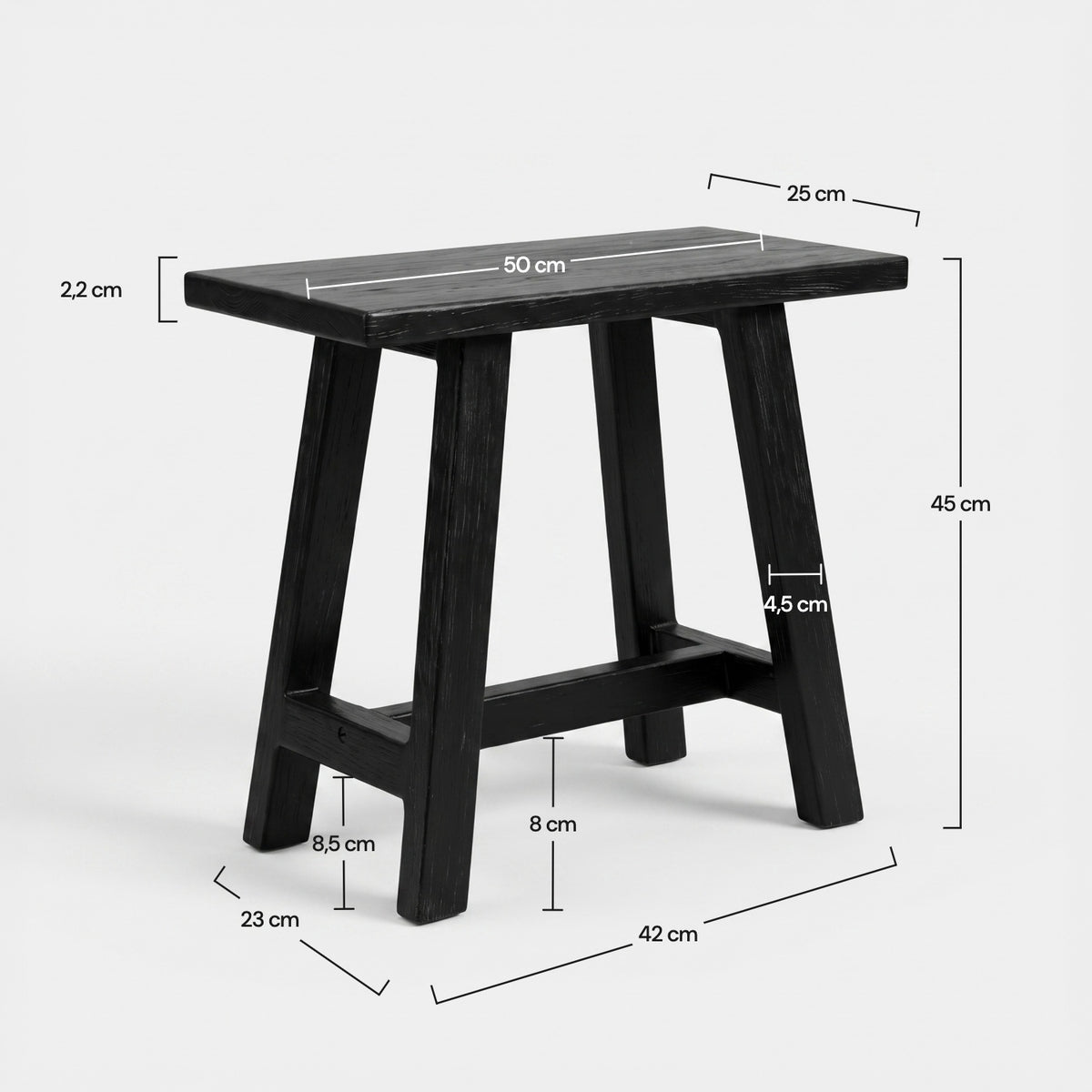 Dimensions du tabouret Dao en bois de teck recyclé noir - Maison Pavane