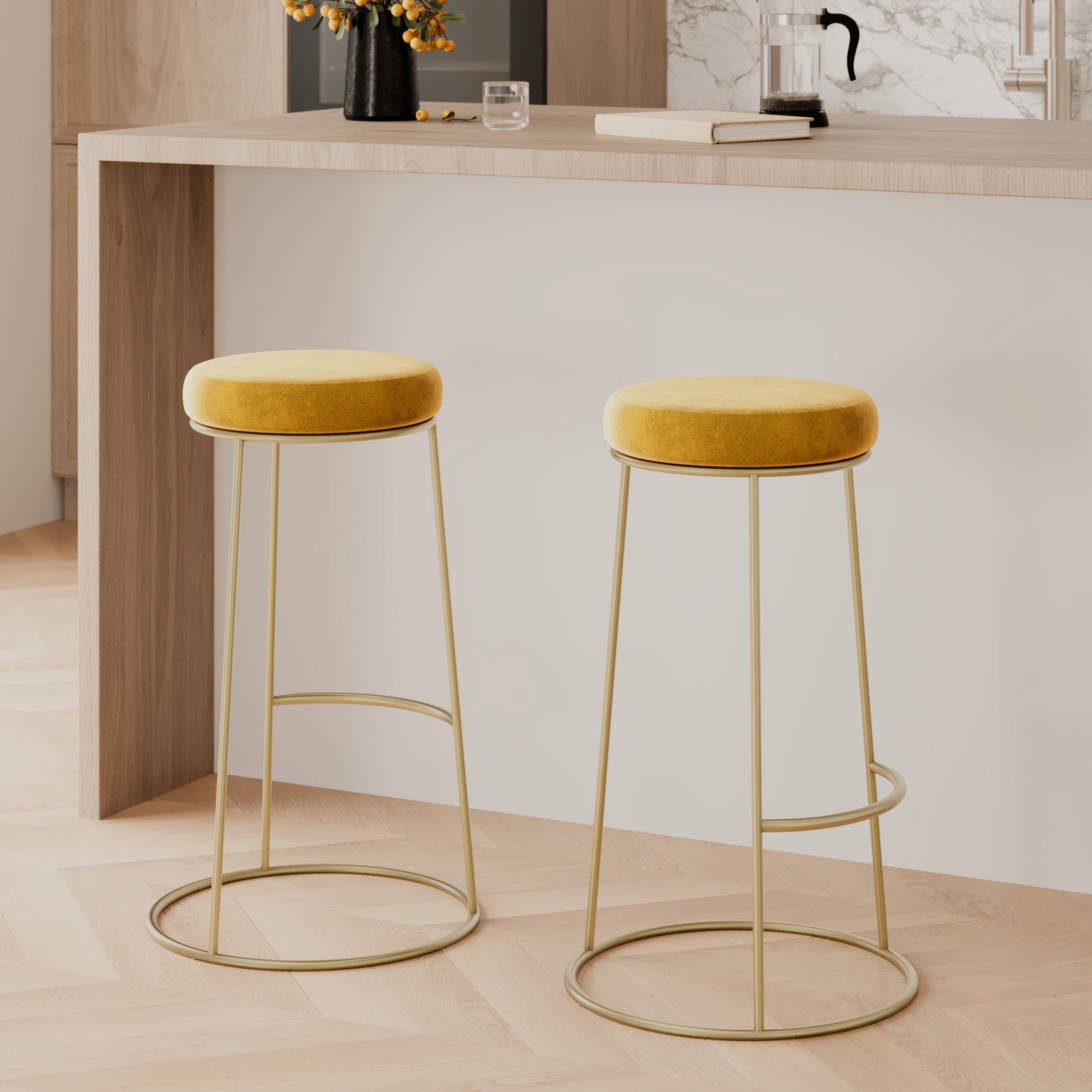 Tabouret de bar 73 cm velours jaune curry