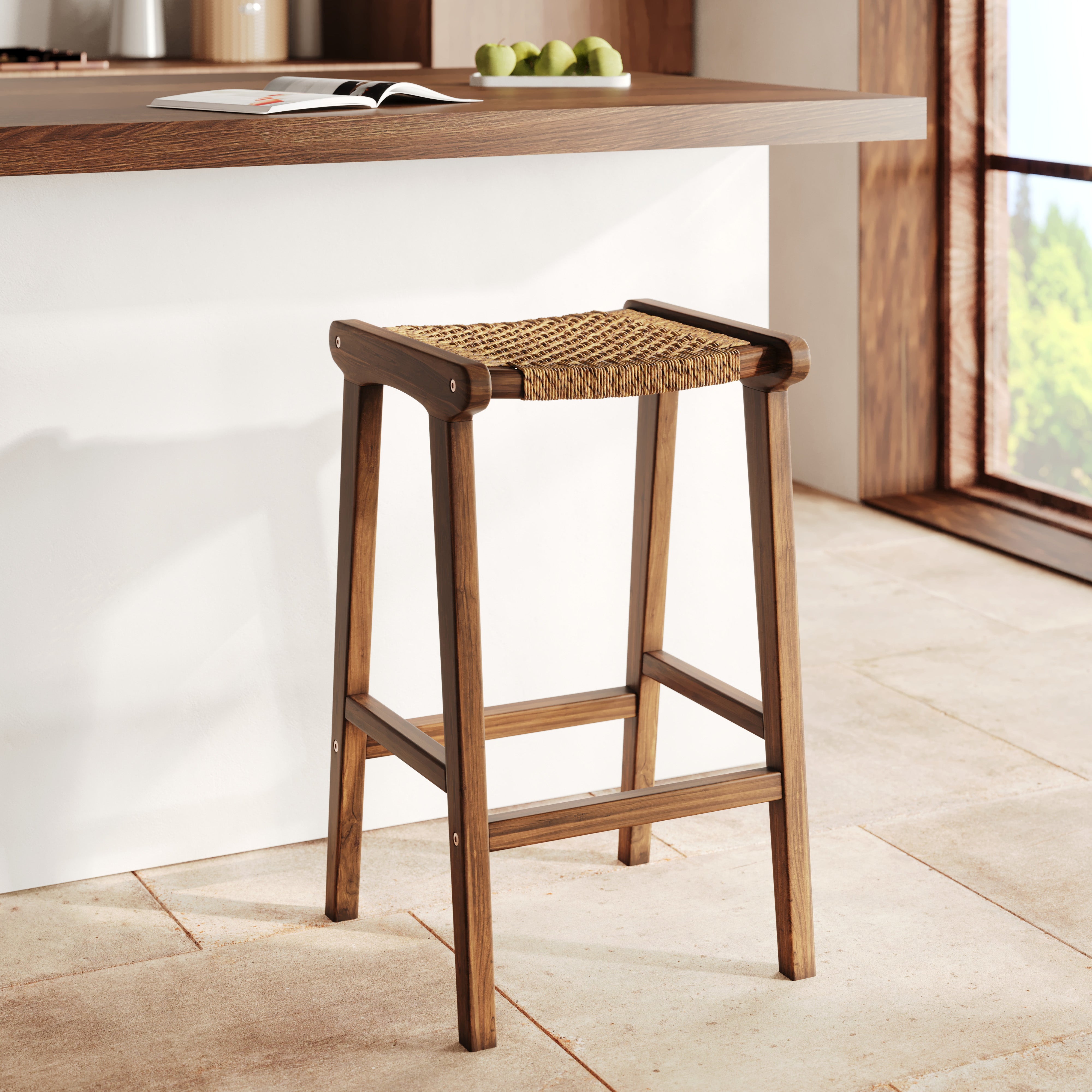 Tabouret de bar bois et rotin Omaha en teck vernis tissage