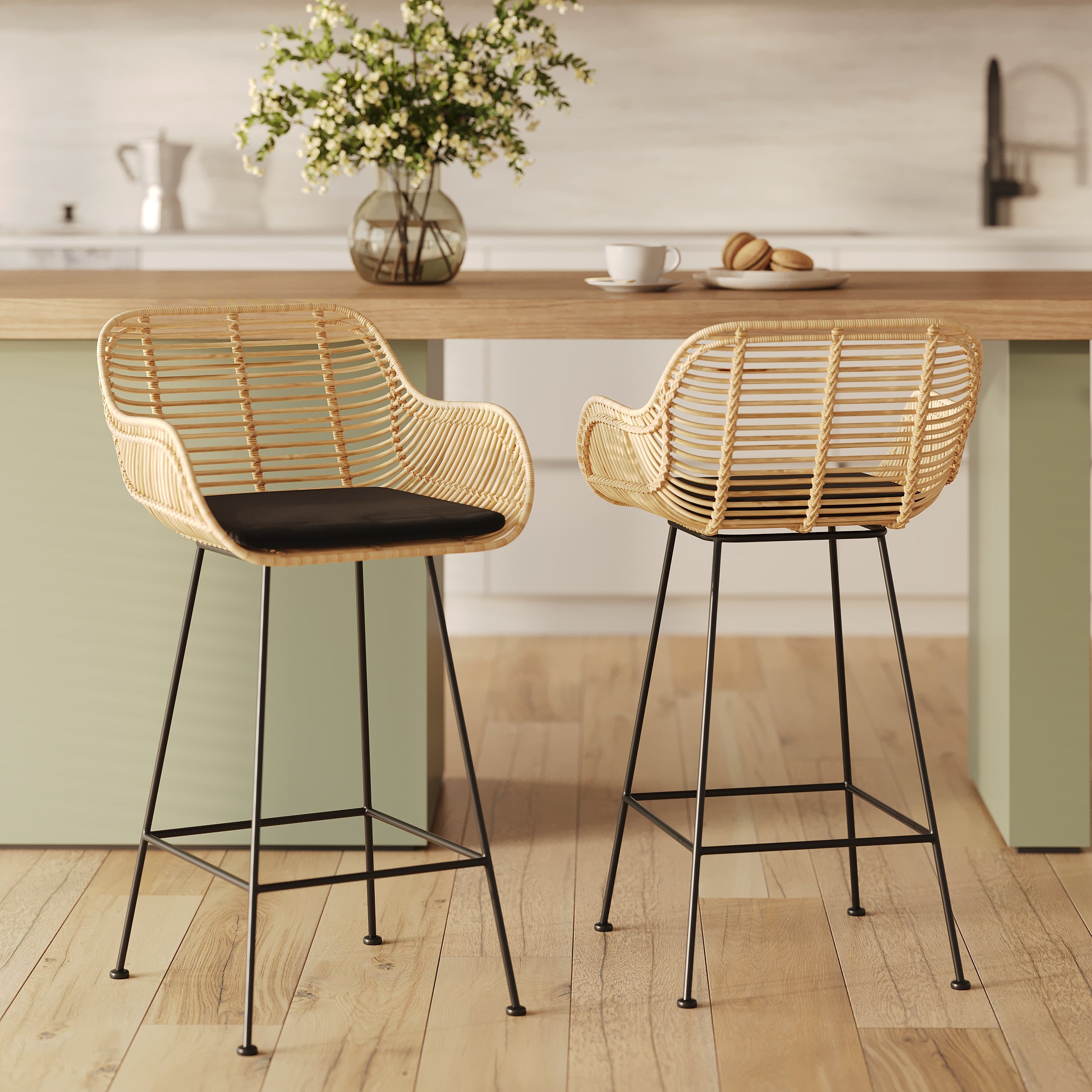 Tabouret de bar pops rotin et tissu noir