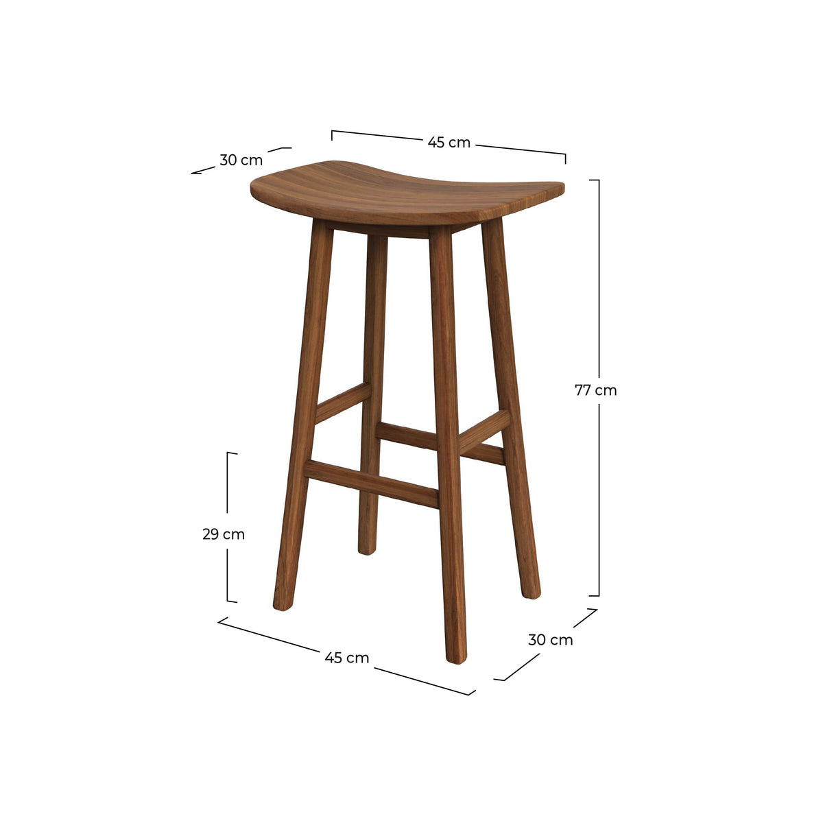 Dimensions du tabouret de bar Vittoria en bois de teck 77 cm - Maison Pavane