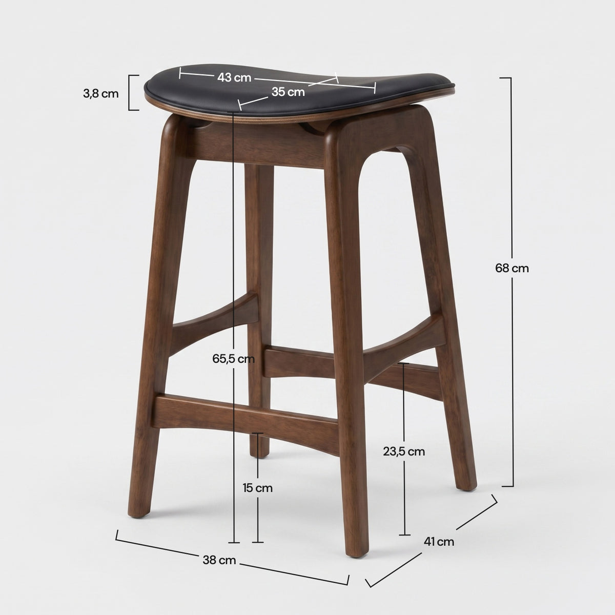 Dimensions du tabouret pour îlot central Jude 65,5 cm en bois foncé et similicuir noir - Maison Pavane