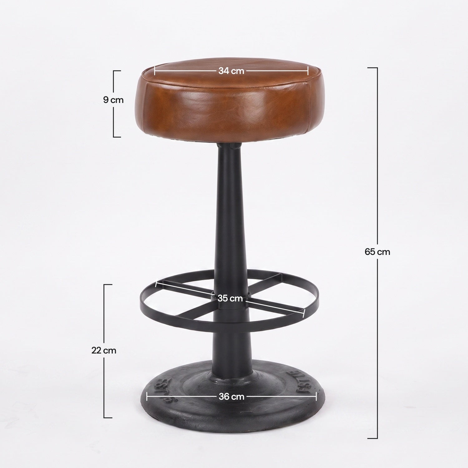 Dimensions du tabouret pour îlot central Lucien 65 cm en cuir de buffle marron - Maison Pavane