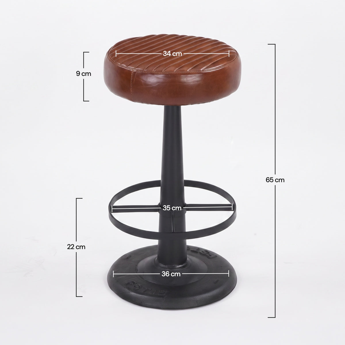 Dimensions du tabouret pour îlot central Lucien 65 cm en cuir de buffle marron foncé - Maison Pavane