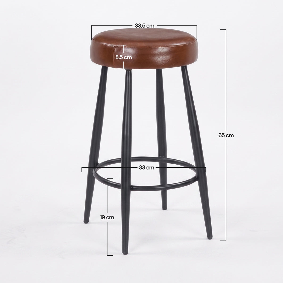 Dimensions du tabouret pour îlot central Malo 65 cm en cuir de buffle marron foncé - Maison Pavane