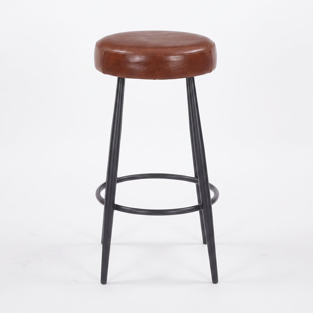 Tabouret pour îlot central Malo 65 cm en cuir de buffle marron foncé, vue de face - Maison Pavane
