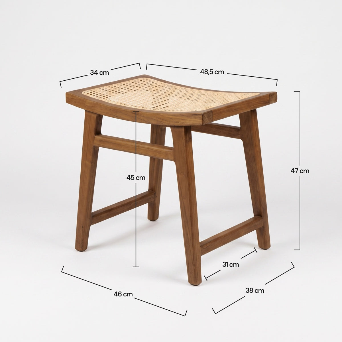 Dimensions du tabouret Jacques en teck et cannage en rotin 47 cm - Maison Pavane