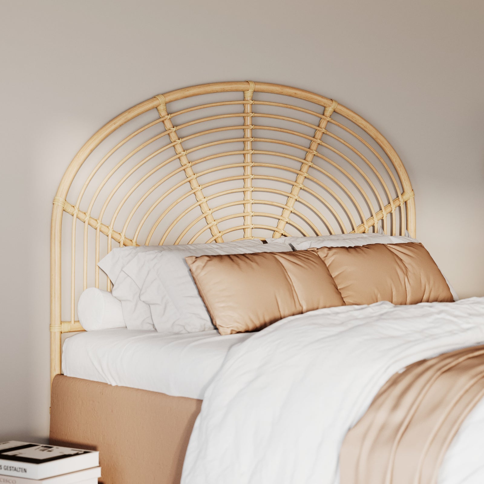 tete de lit bois clair arrondie rotin 140 cm