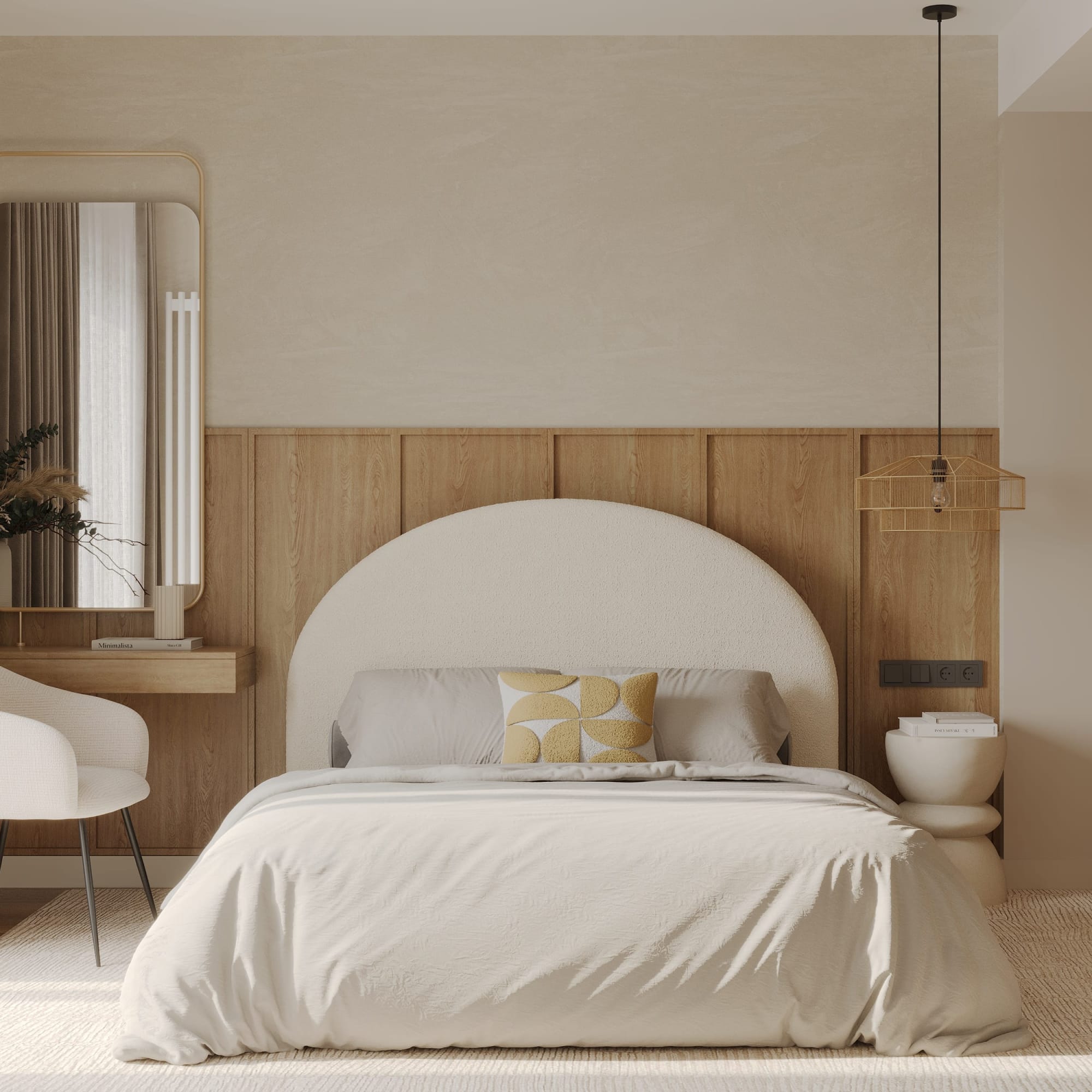 Tête de lit arrondie en bouclé blanc, linge beige, boiseries chêne et suspension dorée, chambre cocooning lumineuse – Maison Pavane