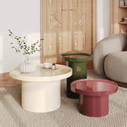 Lot de 3 tables basses Nora laquées blanches, vert olive et rouge foncé en MDF