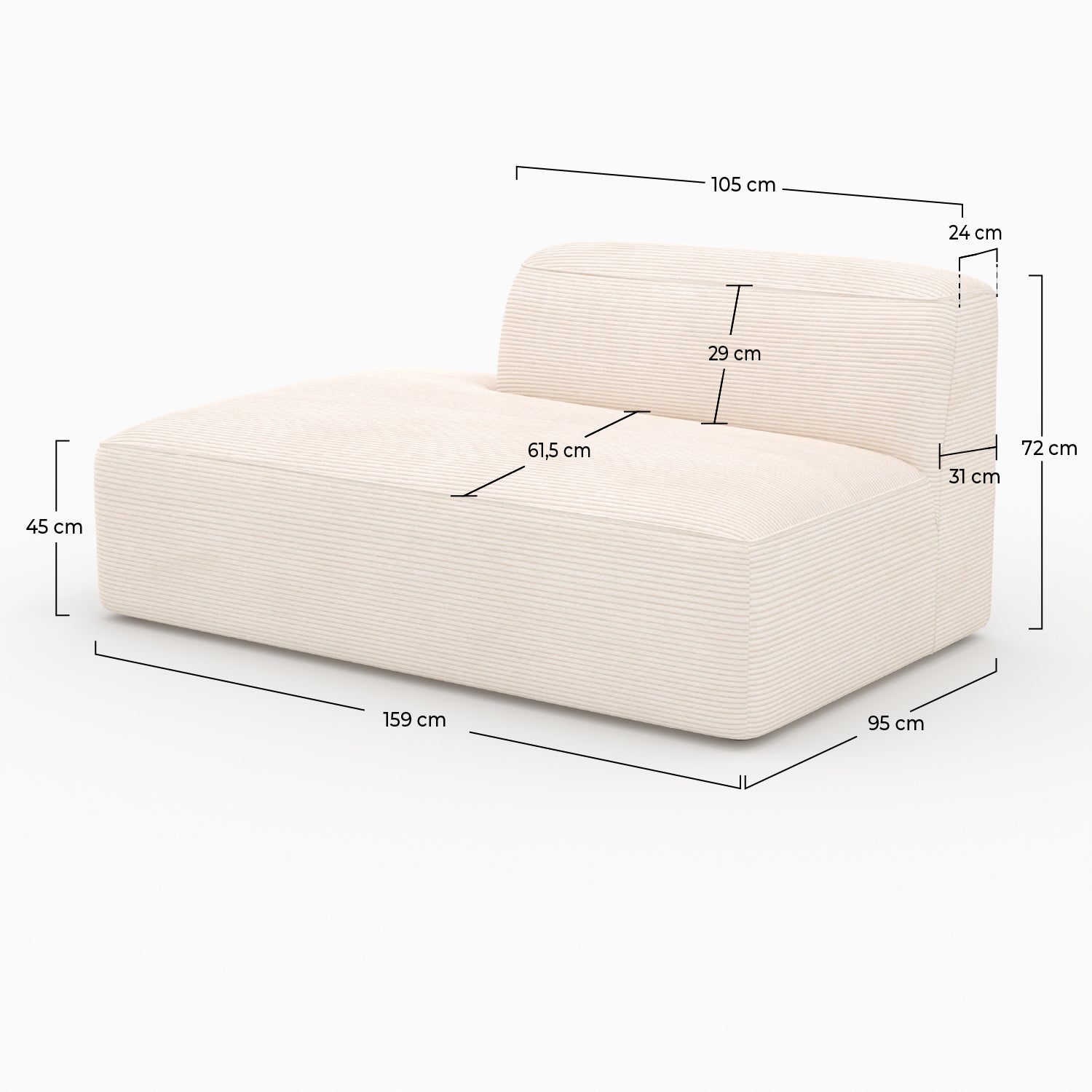 Velours blanc Mina méridienne canapé modulable dossier droit